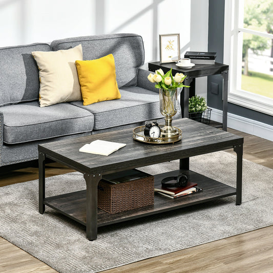 Rustic Coffee Table with Storage Shelf, 2-tier Cocktail Table with Steel Frame and Thickened Top for the Living Room, Dark Walnut - Gallery Canada
