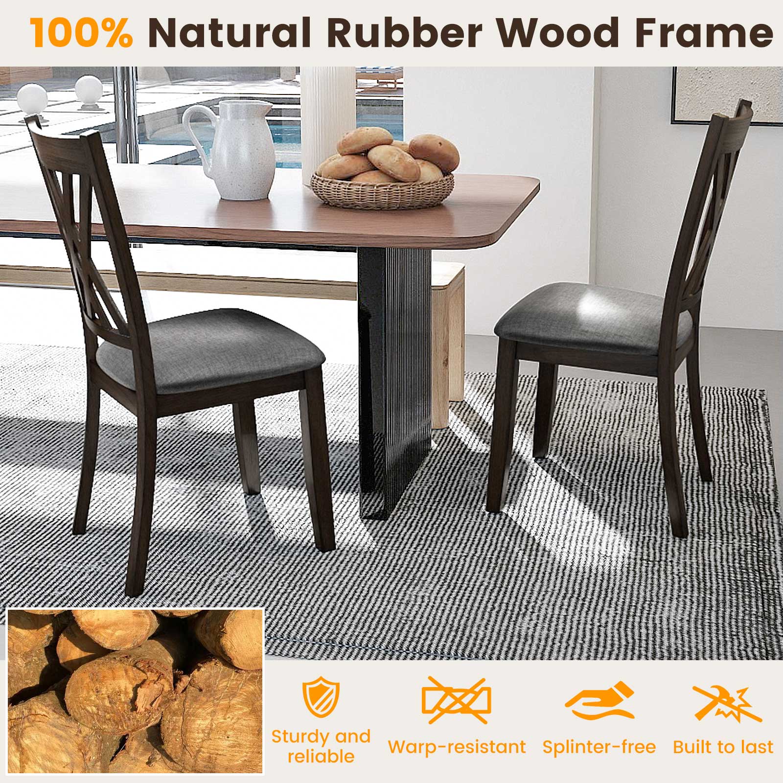 Linen Fabric Upholstered Wooden Dining Chair Set of 2 with Rubber Wood Frame for Dining Room, Gray Dining Chairs at Gallery Canada