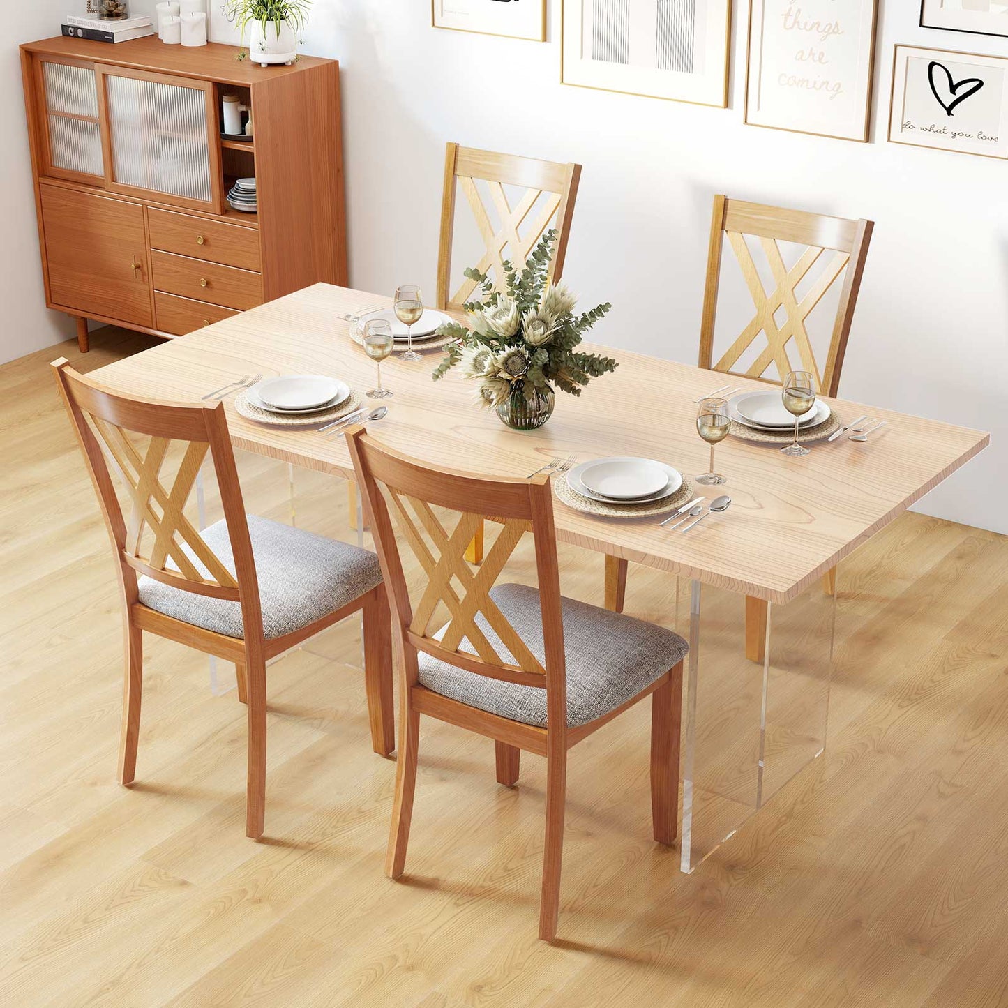 Linen Fabric Upholstered Wooden Dining Chair Set of 2 with Rubber Wood Frame for Dining Room, Natural Dining Chairs at Gallery Canada