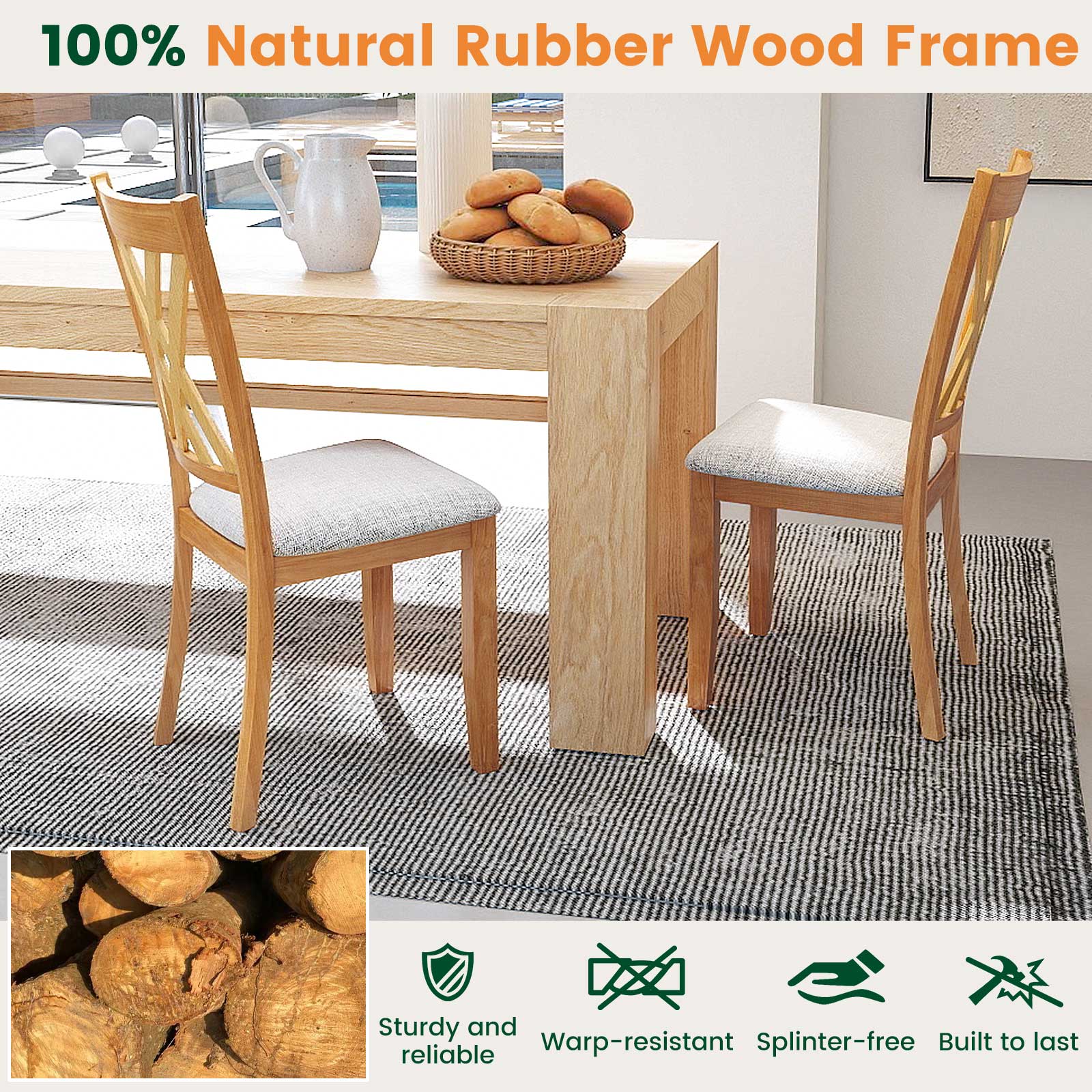 Linen Fabric Upholstered Wooden Dining Chair Set of 2 with Rubber Wood Frame for Dining Room, Natural Dining Chairs at Gallery Canada