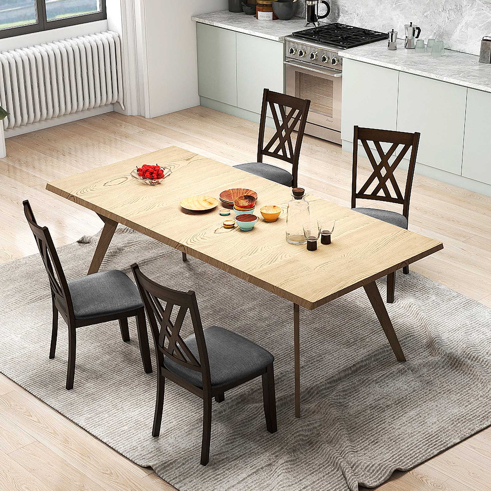 Linen Fabric Upholstered Wooden Dining Chair Set of 4 with Rubber Wood Frame for Dining Room, Gray Dining Chairs at Gallery Canada