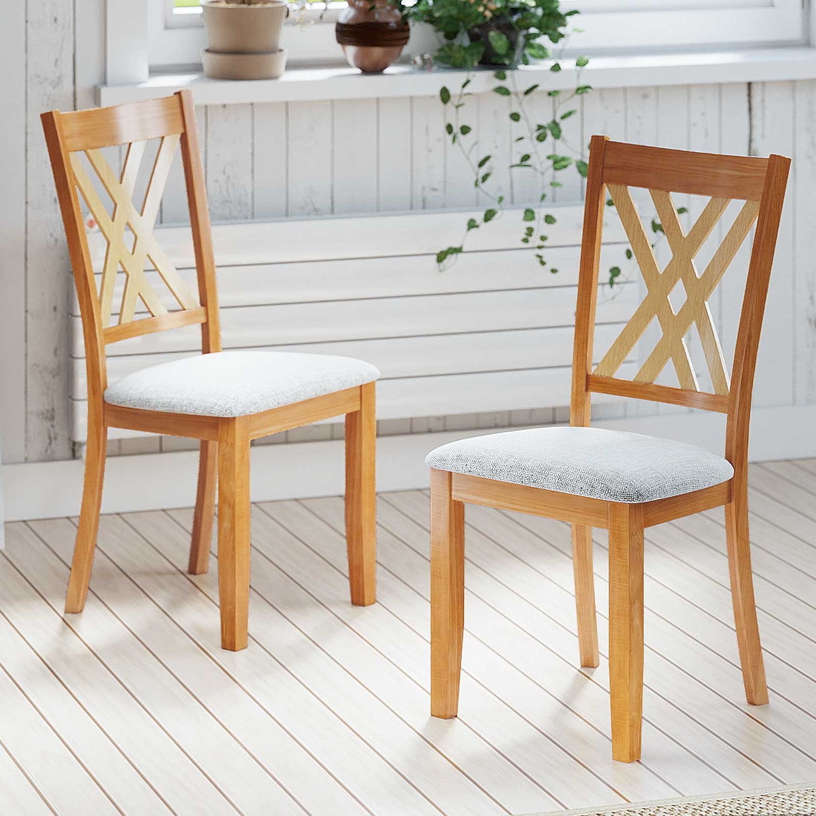 Linen Fabric Upholstered Wooden Dining Chair Set of 4 with Rubber Wood Frame for Dining Room, Natural Dining Chairs at Gallery Canada