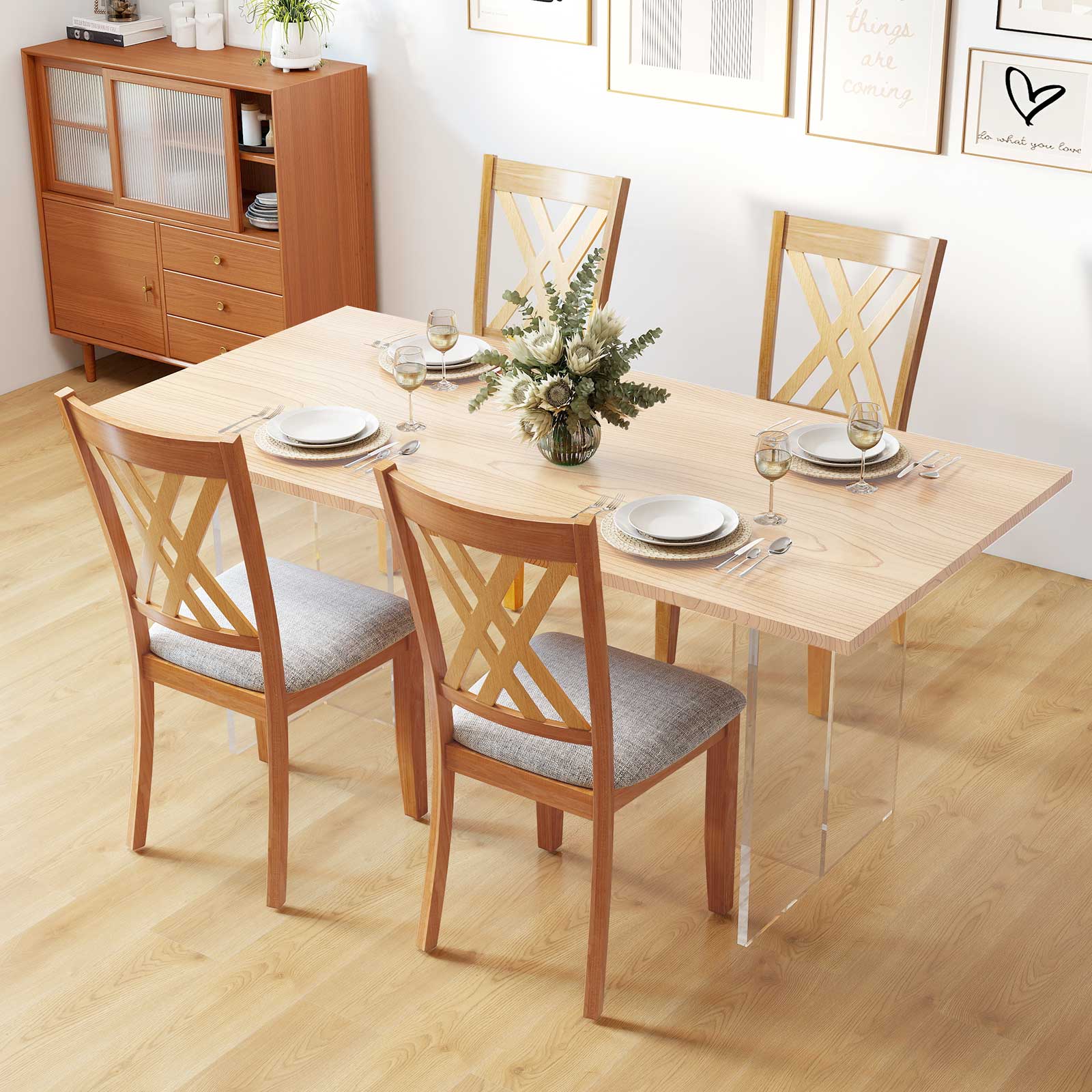 Linen Fabric Upholstered Wooden Dining Chair Set of 4 with Rubber Wood Frame for Dining Room, Natural Dining Chairs at Gallery Canada