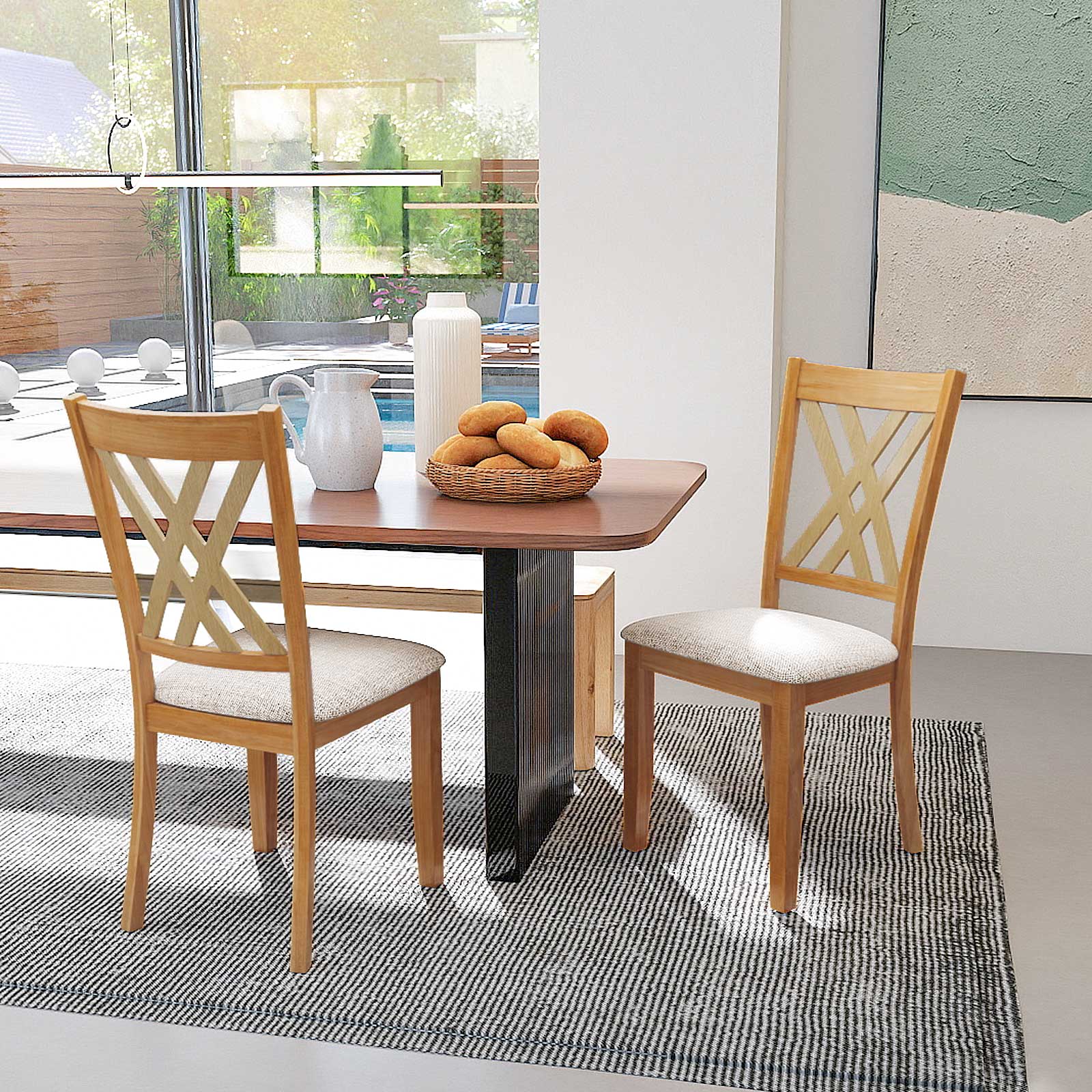 Wooden Dining Chair Set Of 2, Linen Fabric Upholstered, Natural Dining Chairs at Gallery Canada