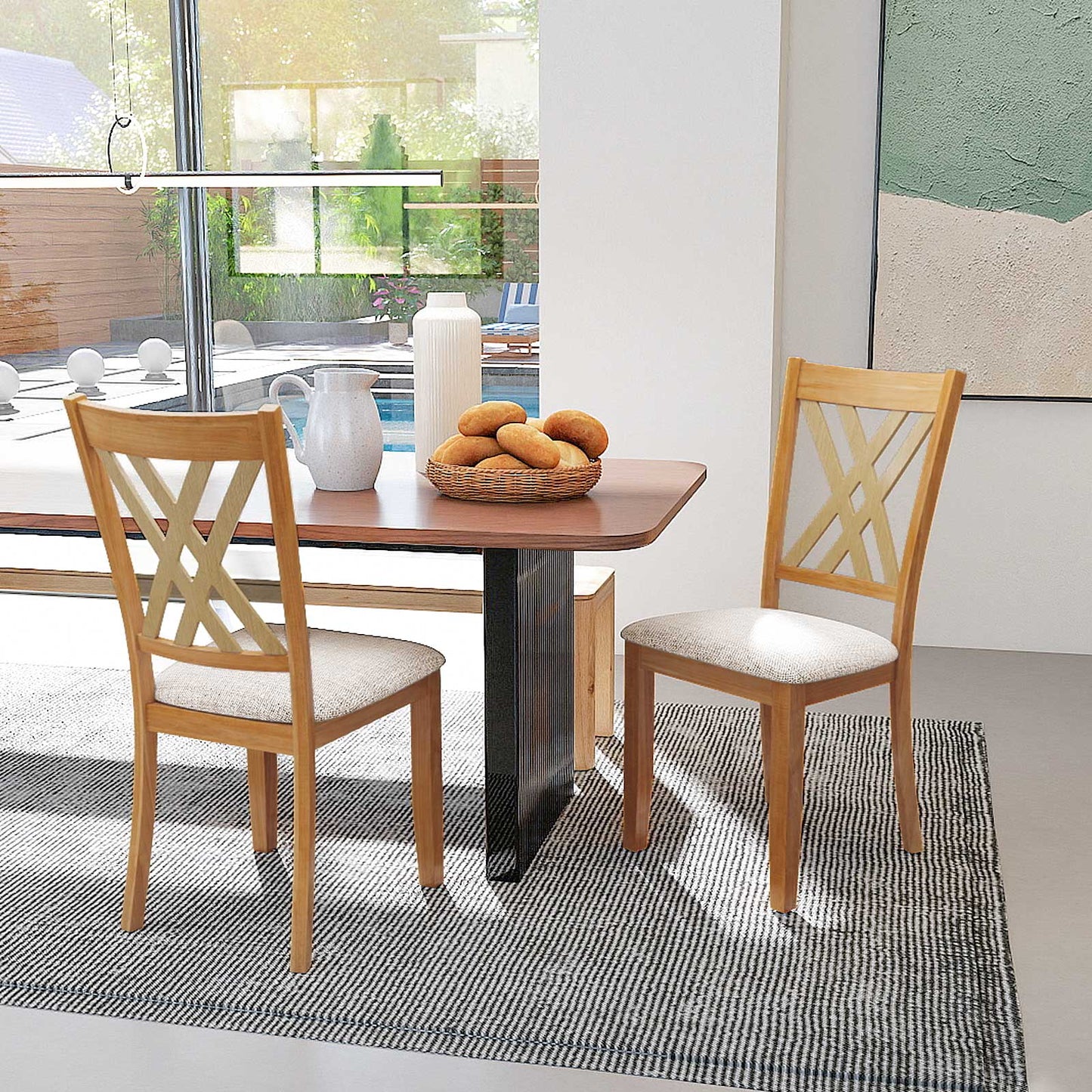 Wooden Dining Chair Set Of 2, Linen Fabric Upholstered, Natural Dining Chairs at Gallery Canada