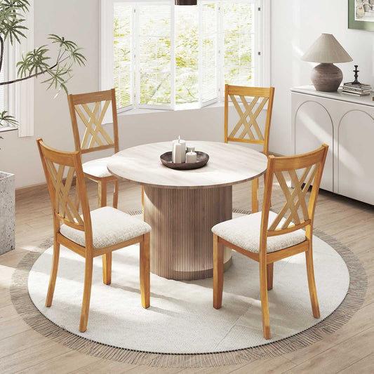 Linen Fabric Upholstered Wooden Dining Chair Set, Natural