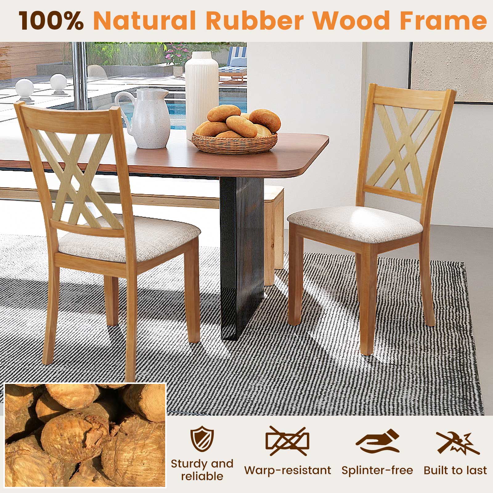 Linen Fabric Upholstered Wooden Dining Chair Set, Natural Dining Chairs at Gallery Canada
