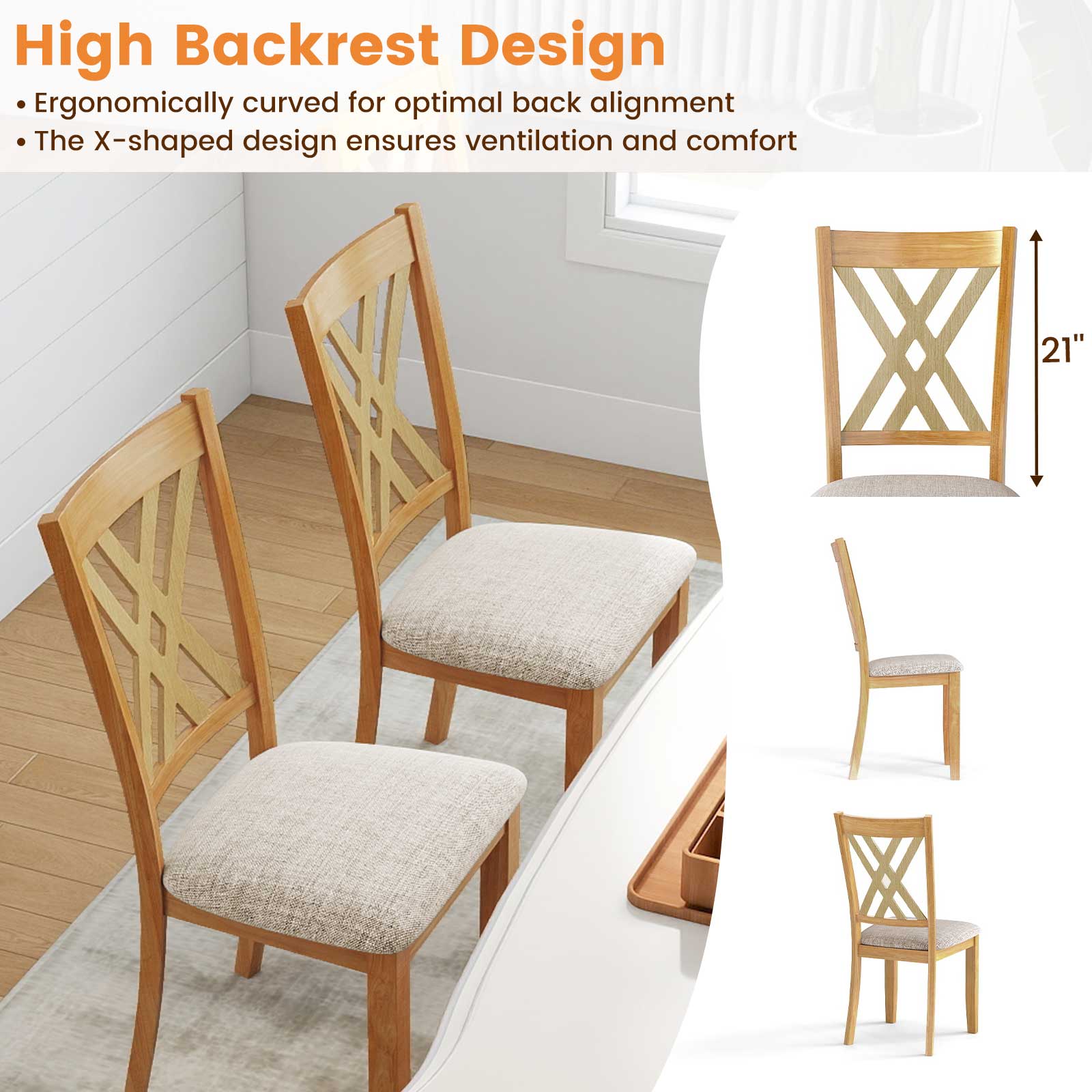 Linen Fabric Upholstered Wooden Dining Chair Set, Natural Dining Chairs at Gallery Canada