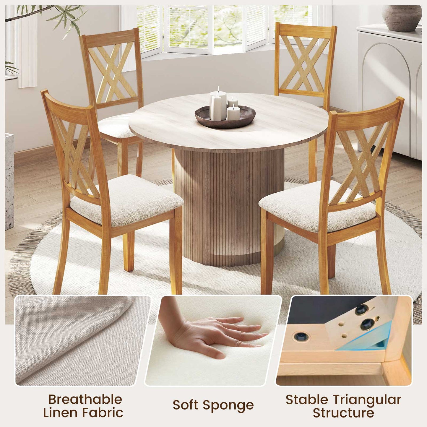 Linen Fabric Upholstered Wooden Dining Chair Set, Natural Dining Chairs at Gallery Canada