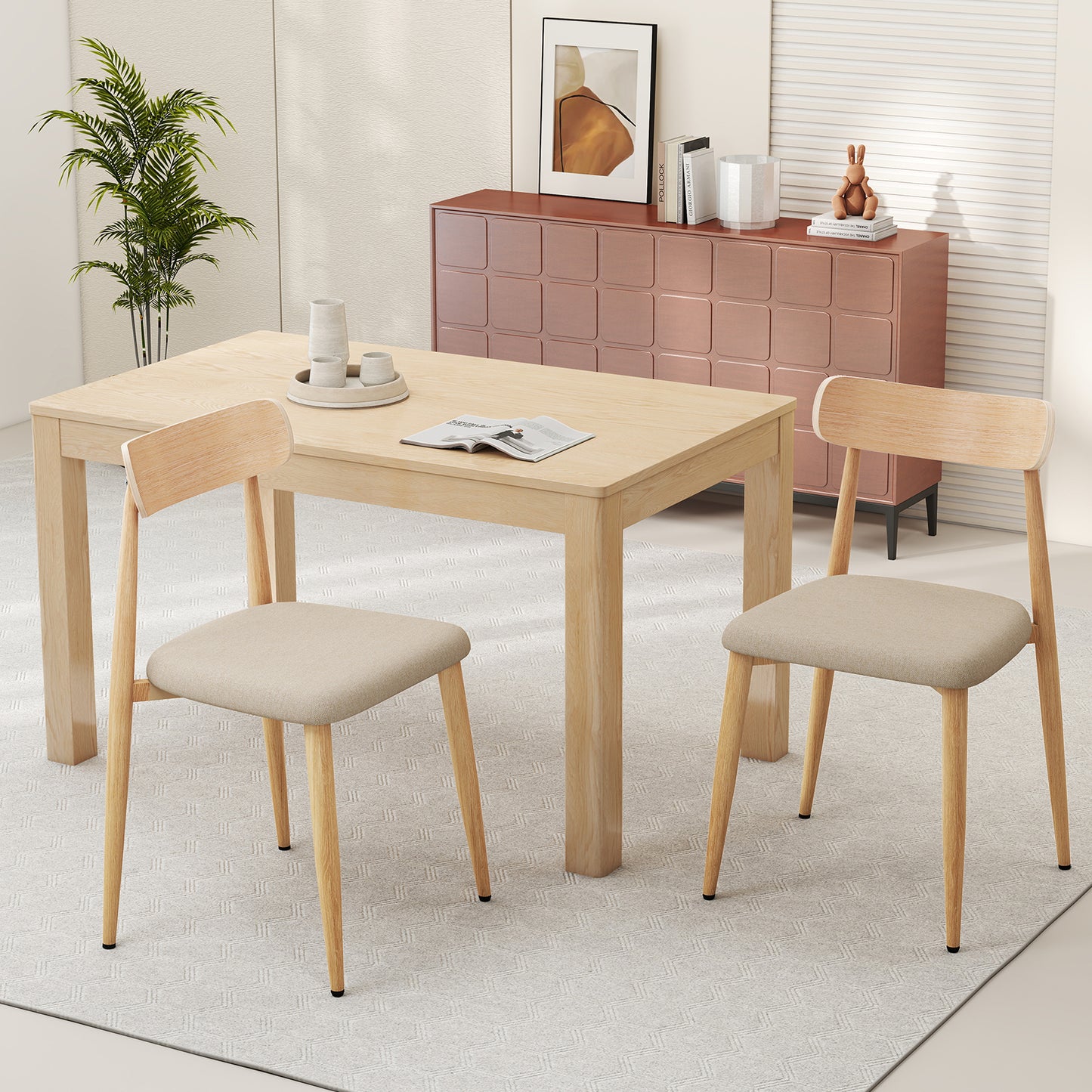 Linen Fabric Upholstered Modern Dining Chair Set of 2 with Padded Seat and Curved Back, Oak Dining Chairs at Gallery Canada