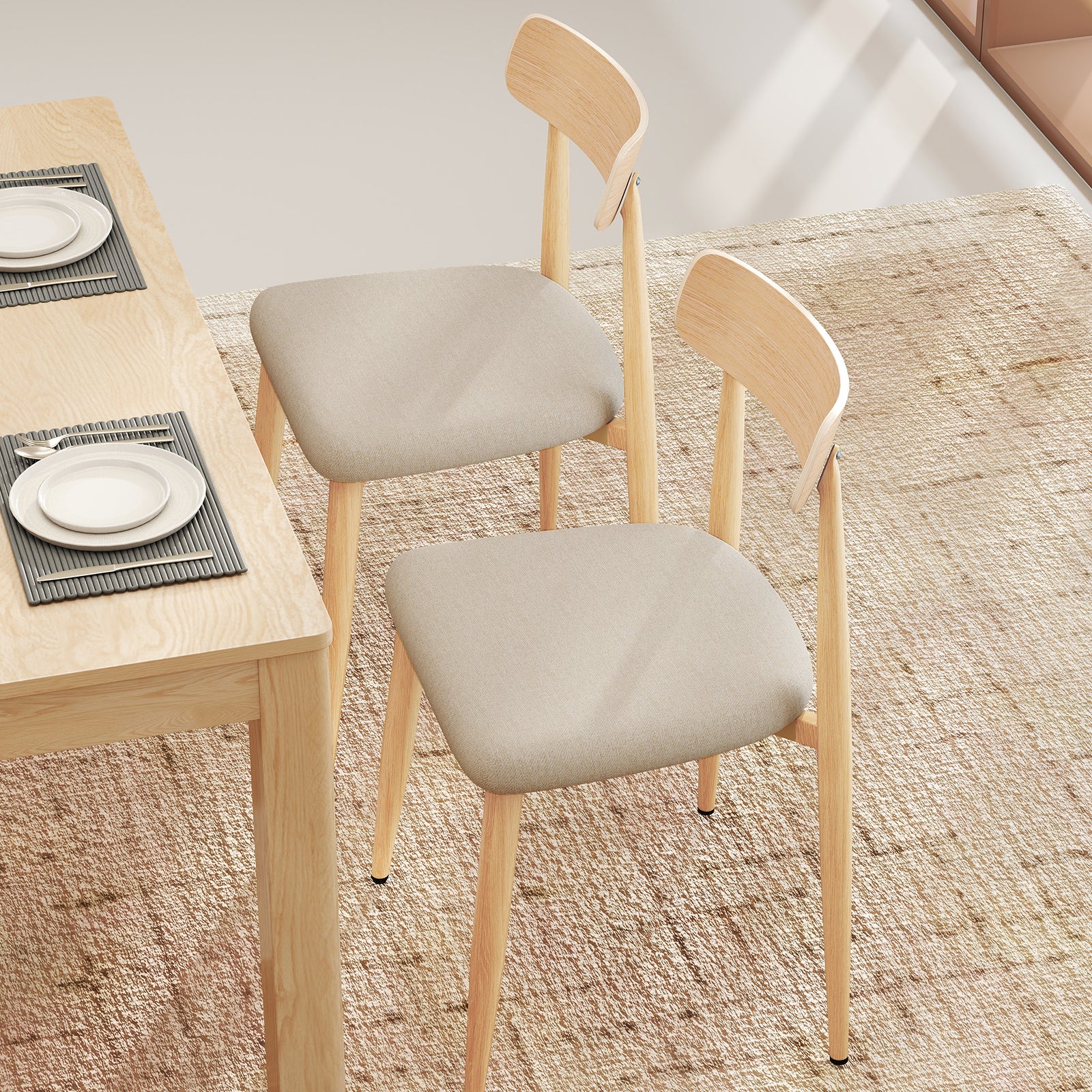 Linen Fabric Upholstered Modern Dining Chair Set of 2 with Padded Seat and Curved Back, Oak Dining Chairs at Gallery Canada