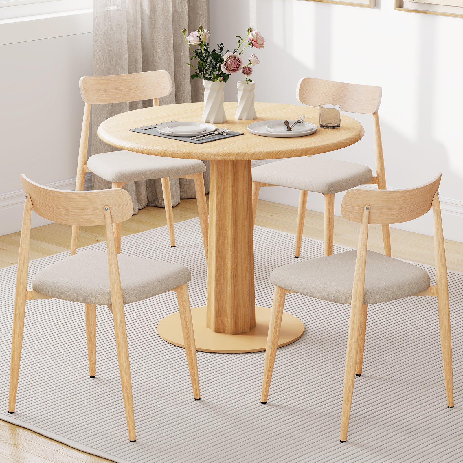 Linen Fabric Upholstered Modern Dining Chair Set of 4 with Padded Seat and Curved Back, Oak Dining Chairs at Gallery Canada