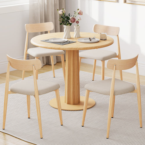 Linen Fabric Upholstered Modern Dining Chair Set of 4 with Padded Seat and Curved Back, Oak