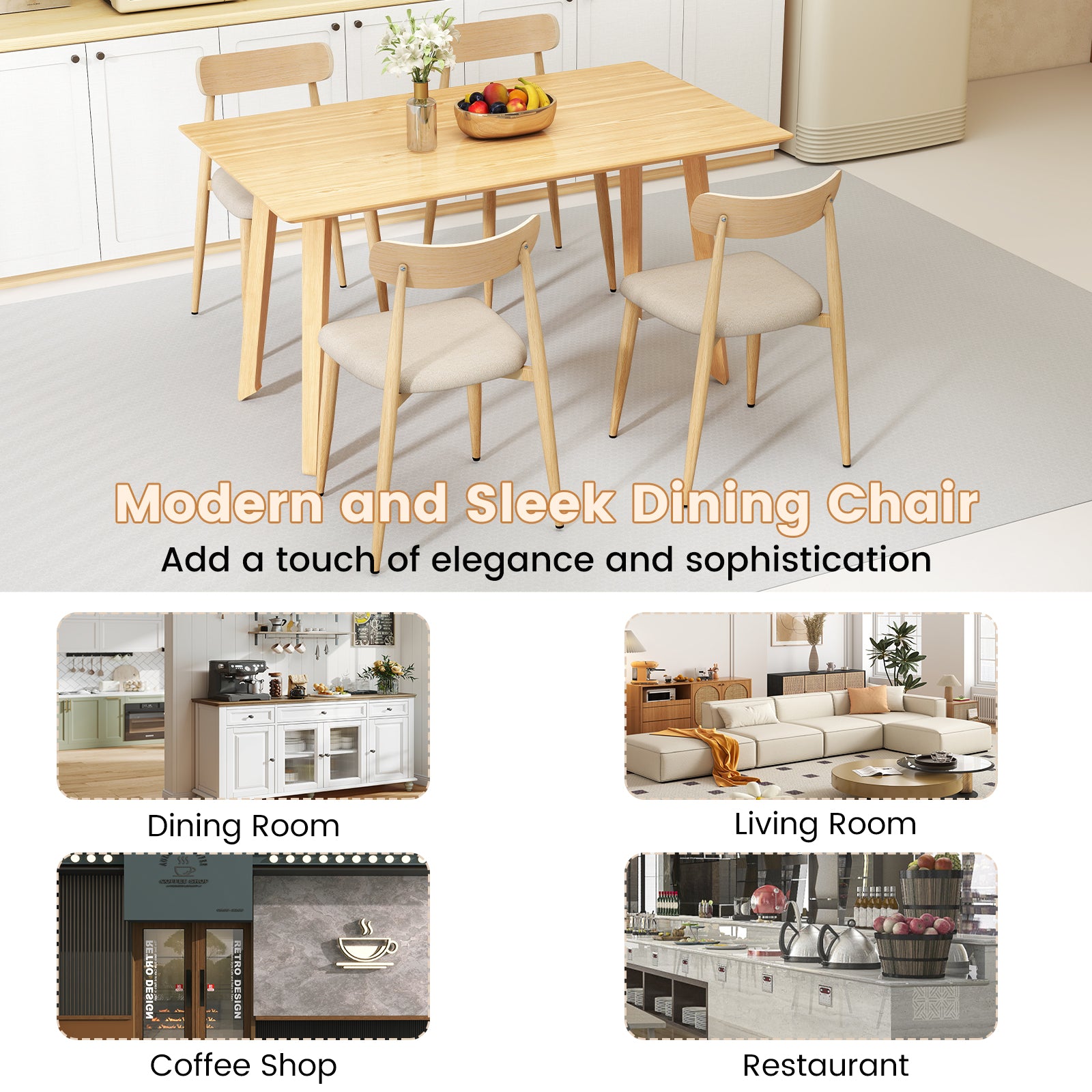 Linen Fabric Upholstered Modern Dining Chair Set of 4 with Padded Seat and Curved Back, Oak Dining Chairs at Gallery Canada