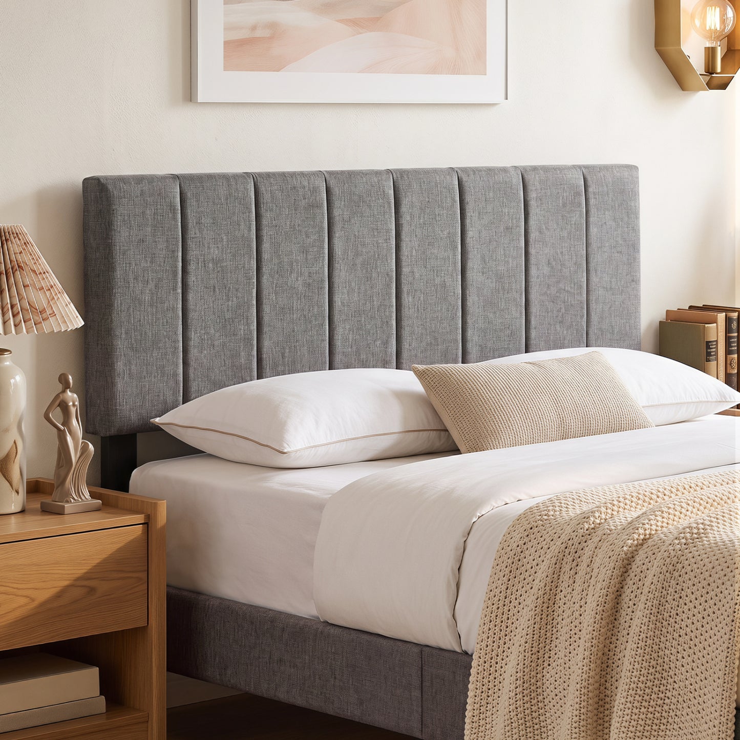 Linen Headboard, Solid Wood Legs, Dark Gray