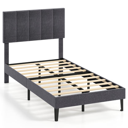 Linen Upholstered Platform Bed with Height Adjustable Vertical Channel Headboard-Twin Size Beds & Bed Frames Gray at Gallery Canada