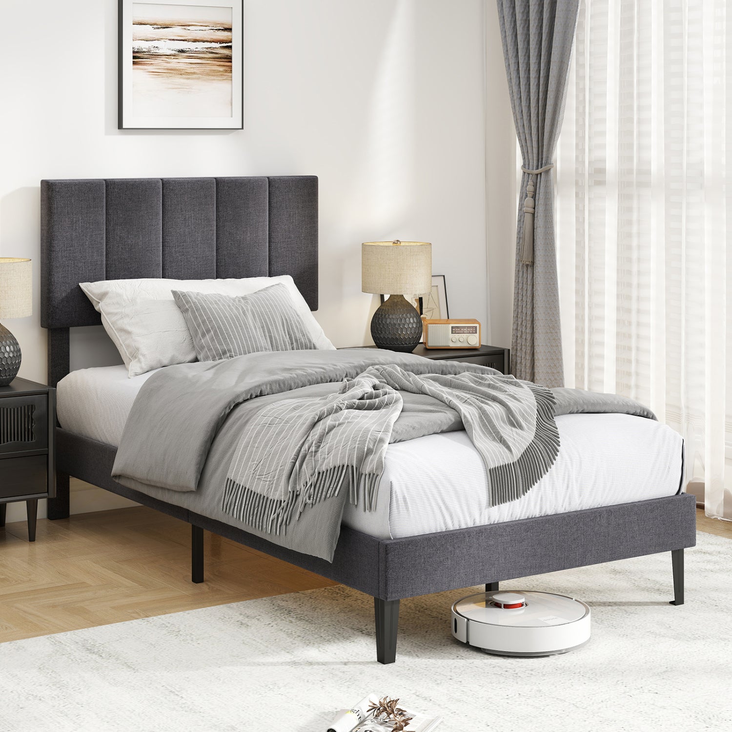 Linen Upholstered Platform Bed with Height Adjustable Vertical Channel Headboard-Twin Size Beds & Bed Frames at Gallery Canada