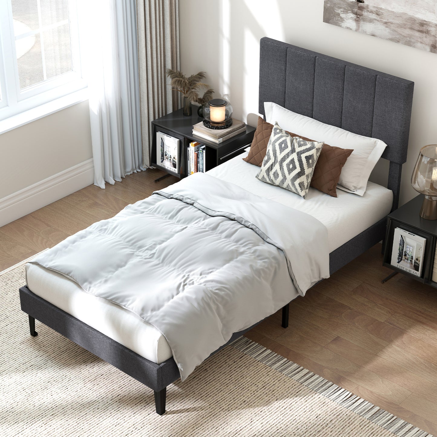 Linen Upholstered Platform Bed with Height Adjustable Vertical Channel Headboard-Twin Size Beds & Bed Frames at Gallery Canada