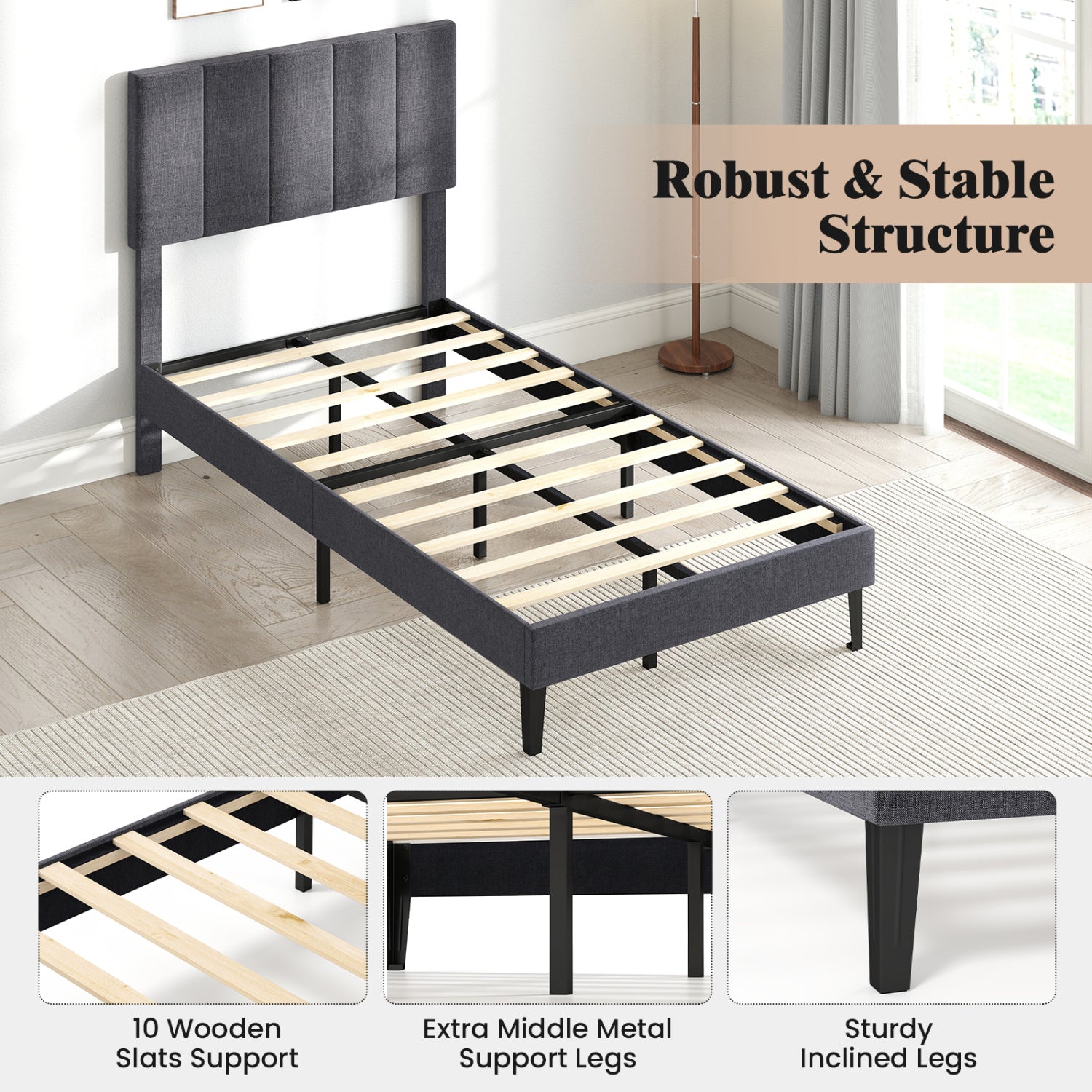Linen Upholstered Platform Bed with Height Adjustable Vertical Channel Headboard-Twin Size Beds & Bed Frames at Gallery Canada