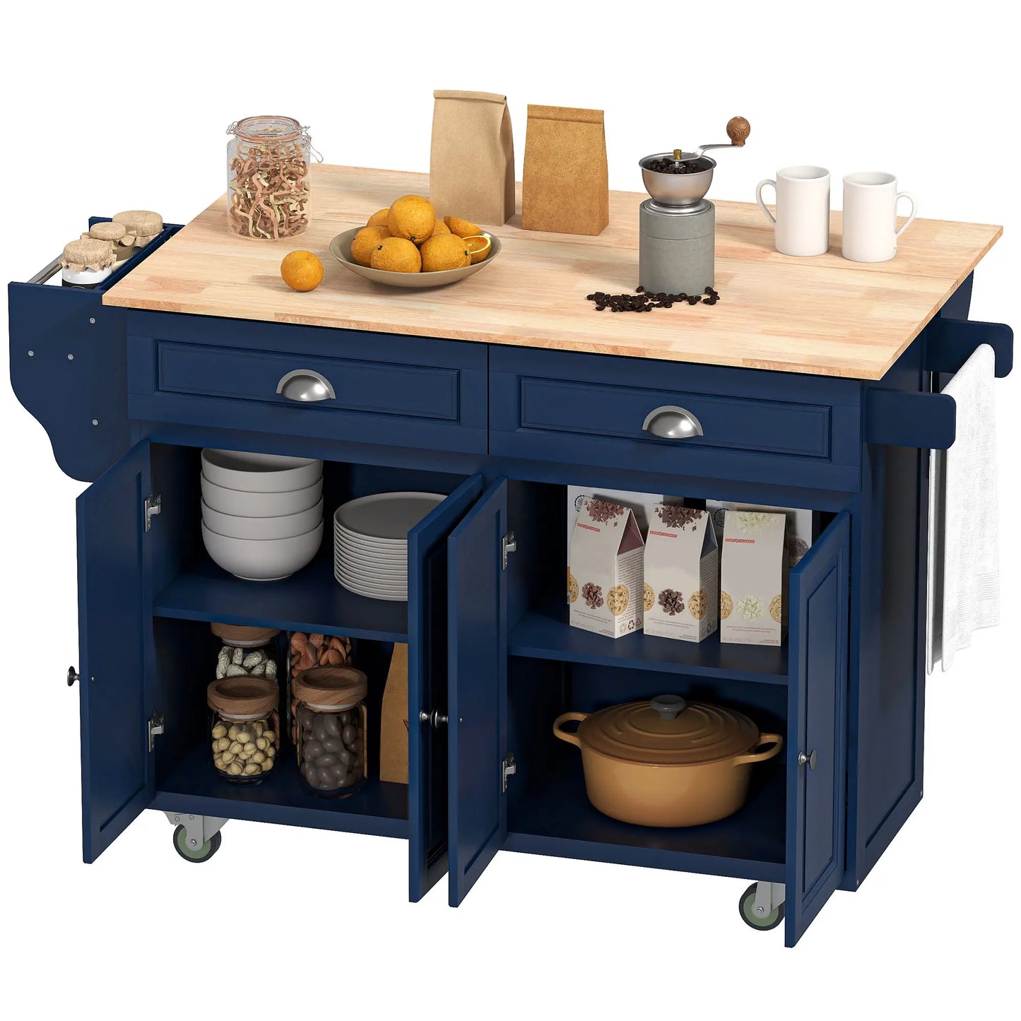 Kitchen Island with Storage, Drop Leaf, Rubber Wood Top, Navy Blue Kitchen Islands & Kitchen Carts at Gallery Canada