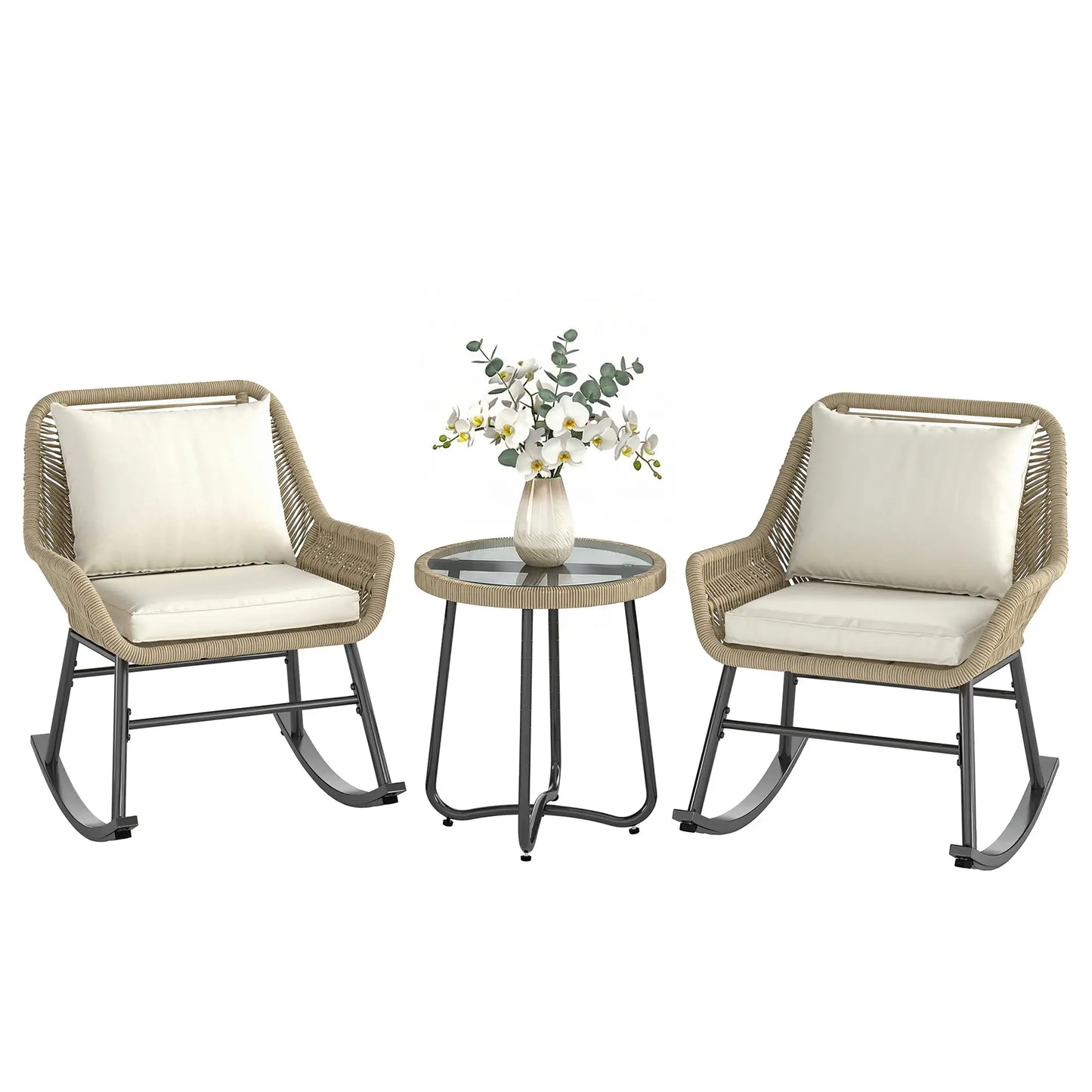 3 Piece Rocking Bistro Set with Cushions, Glass Table, Cream White, Cream White Bistro Sets at Gallery Canada