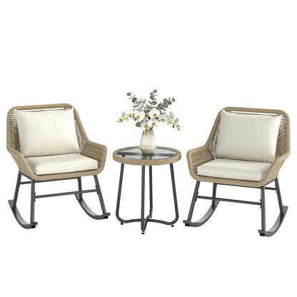 3 Piece Rocking Bistro Set with Cushions, Glass Table, Cream White, Cream White Bistro Sets at Gallery Canada
