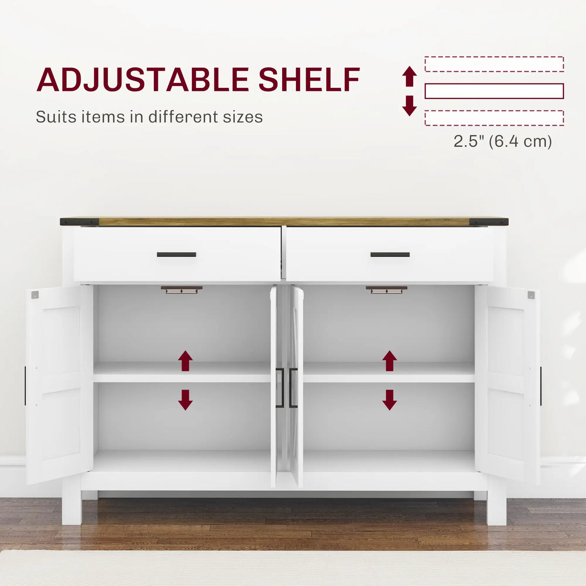 Farmhouse Buffet Cabinet, 2 Drawers, 2 Cabinets, Adjustable Shelves, White