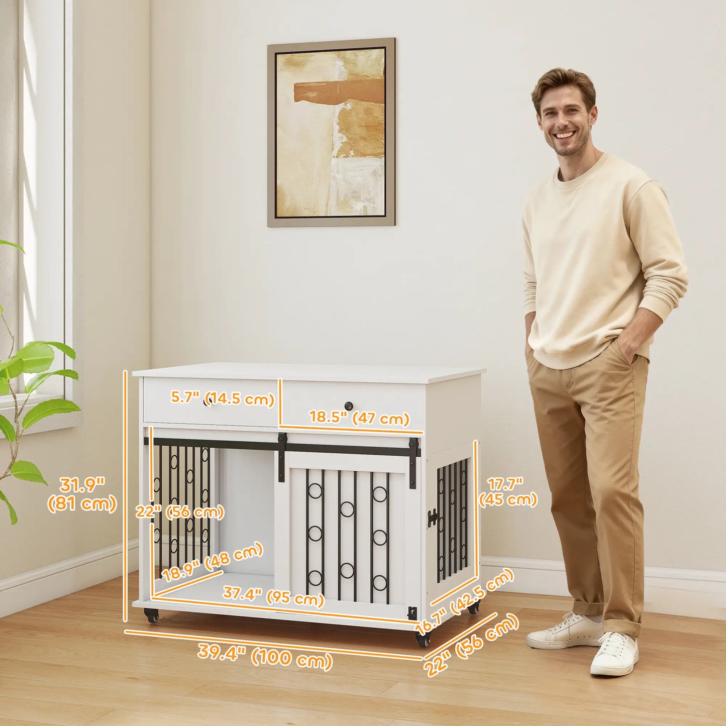 39 Inch Dog Crate Furniture, Indoor Kennel with Drawers, Wheels, Oak Dog Cages & Crates at Gallery Canada