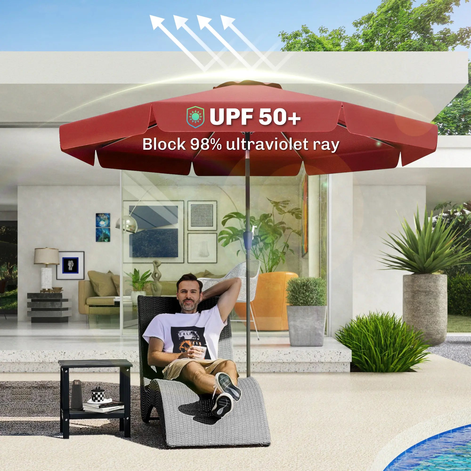 8.5 ft Round Patio Umbrella, Tilt and Crank, Wine Red Sun Umbrellas at Gallery Canada