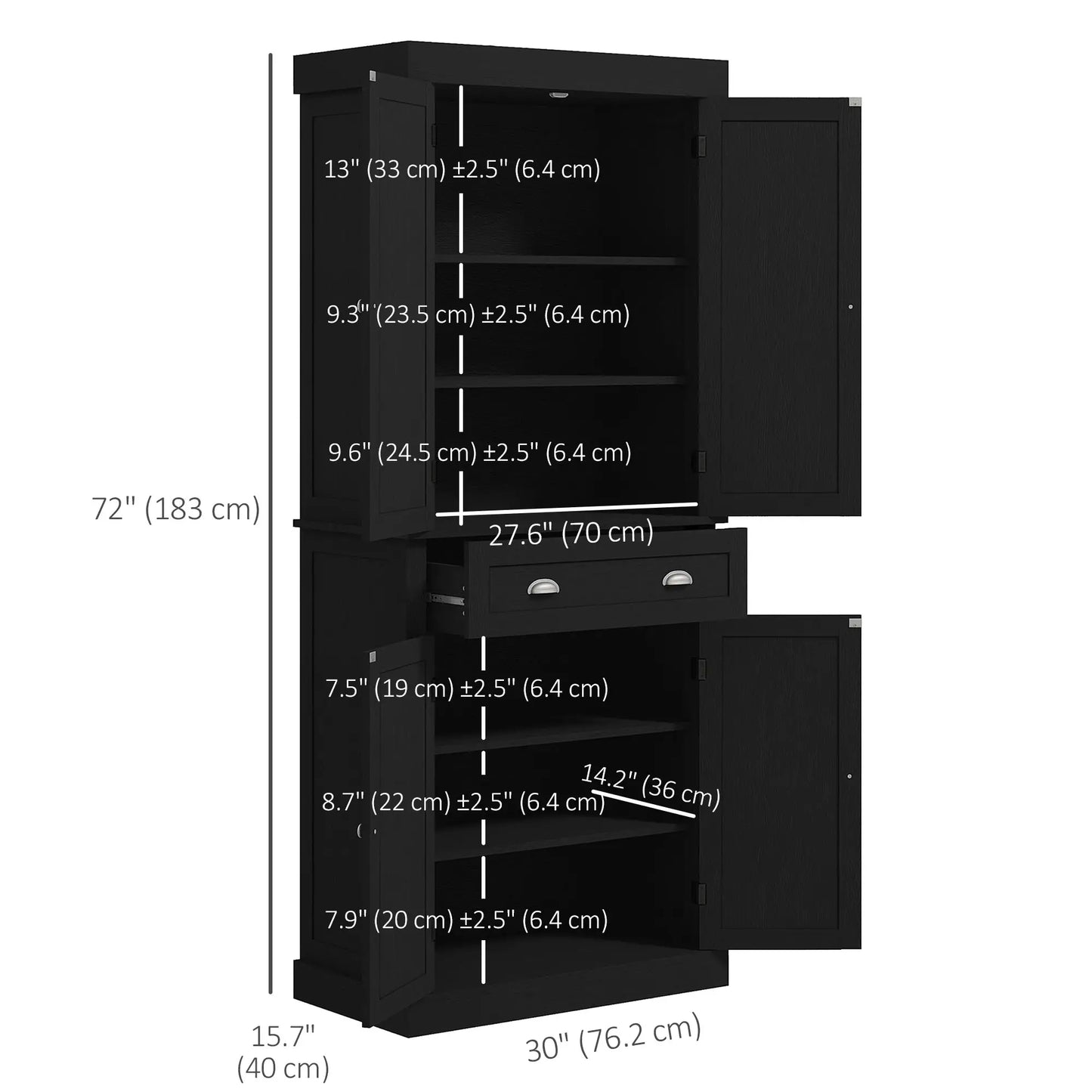 72 Inch Tall Pantry Cabinet, 4 Door Kitchen Storage, Black Wood Grain, Black Kitchen Pantry Cabinets at Gallery Canada