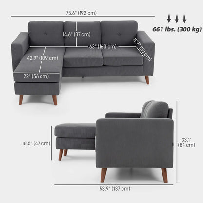 Sectional Sofa with Changeable Chaise, 3 Seat L-Shaped, Dark Grey 3-Seater Sofas at Gallery Canada