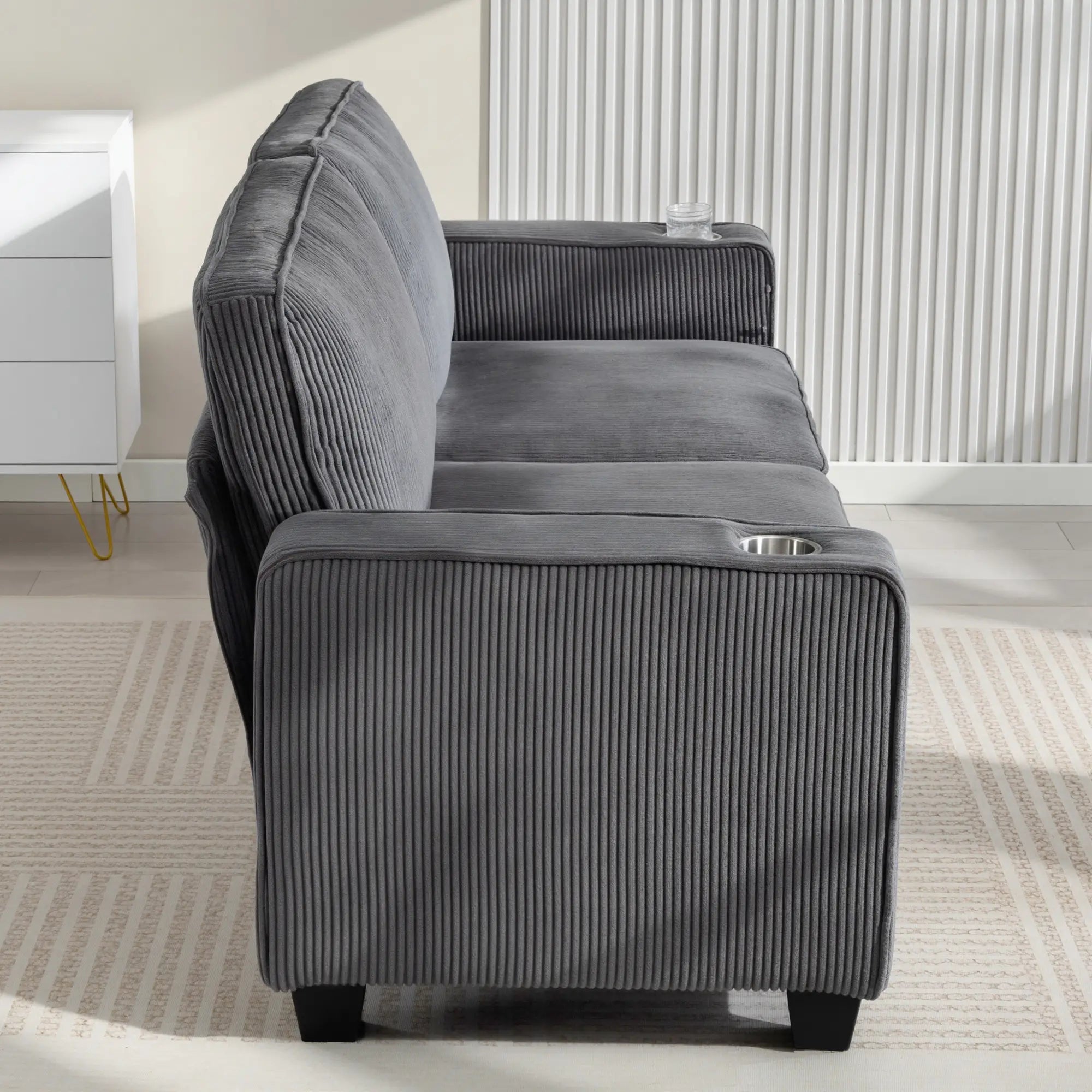 Three Seater Sofa, Fabric Couch with Spring Cushion, Cup Holders, Dark Grey 3-Seater Sofas at Gallery Canada