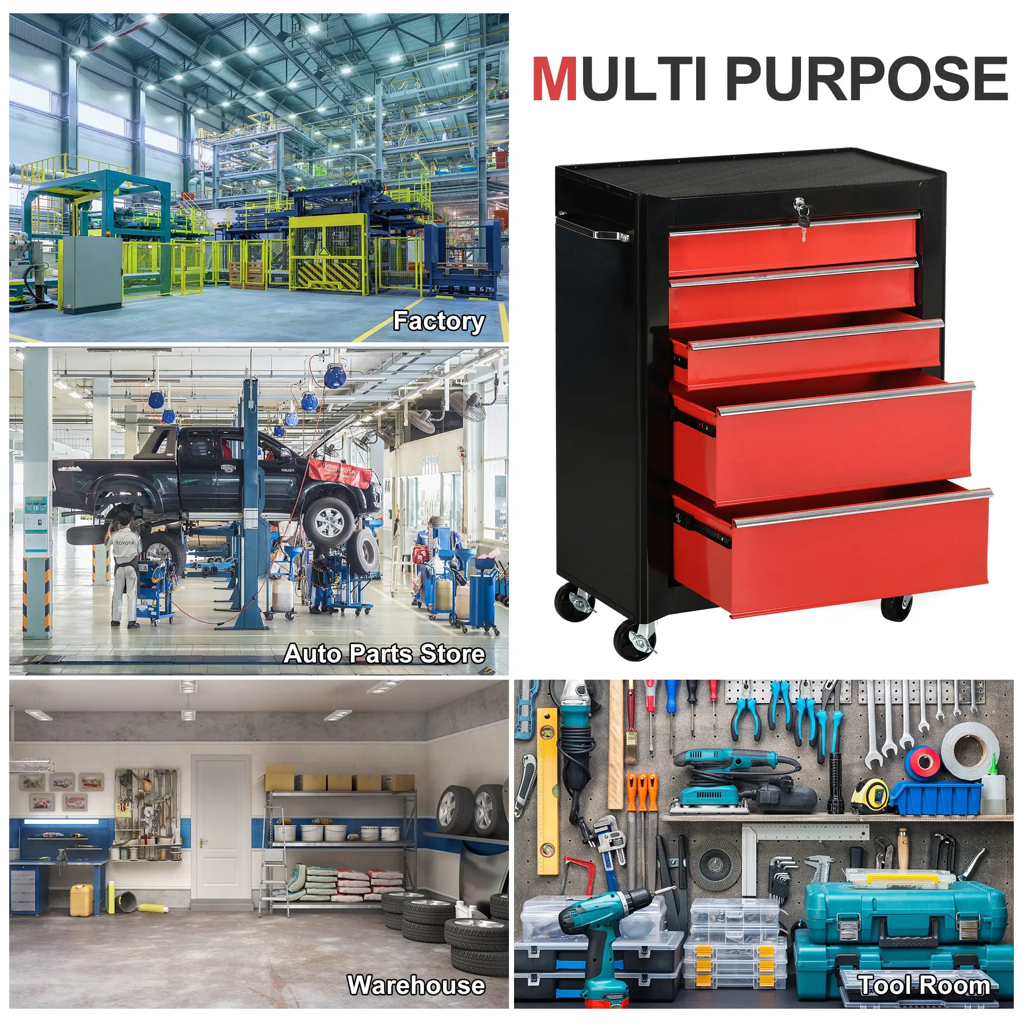 5-Drawer Rolling Tool Chest, Lockable Tool Cabinet, 4 Wheels, Black, Red Tool Organizers at Gallery Canada