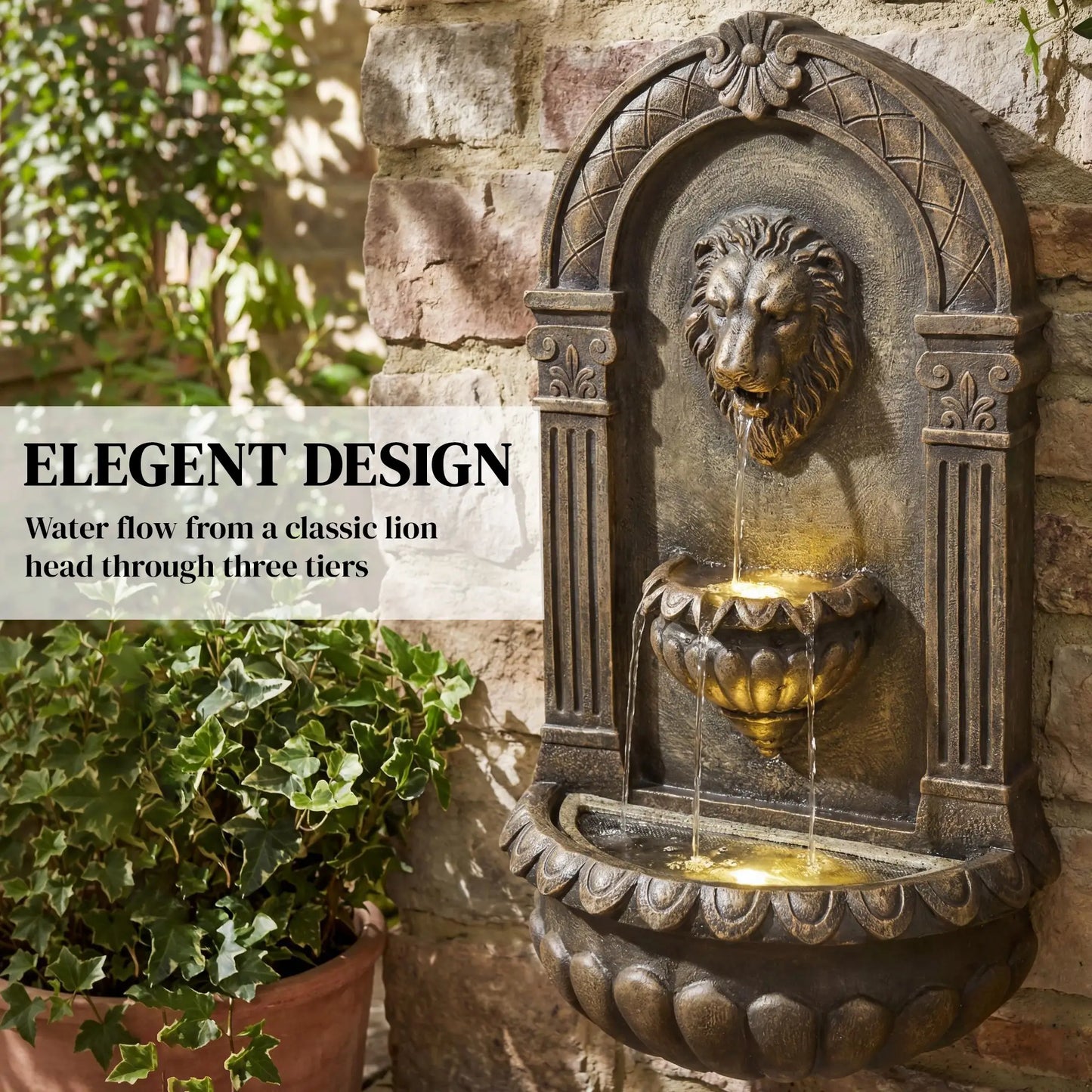 Wall Mounted 3 Tier Outdoor Fountain, Resin Waterfall With LED Lights, Rustic Brown Water Fountains at Gallery Canada