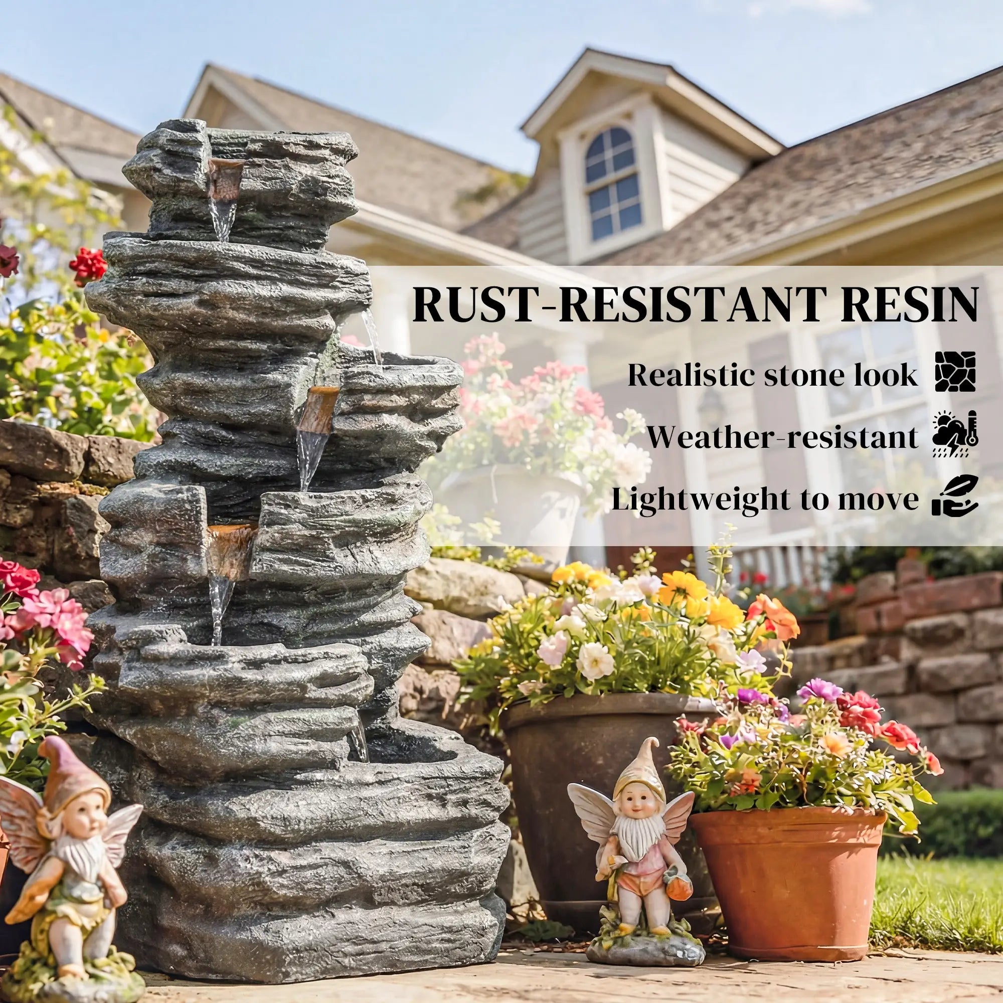 Outdoor 6-Tier Water Fountain, Waterfall With LED Lights, Resin Feature, Grey Water Fountains at Gallery Canada