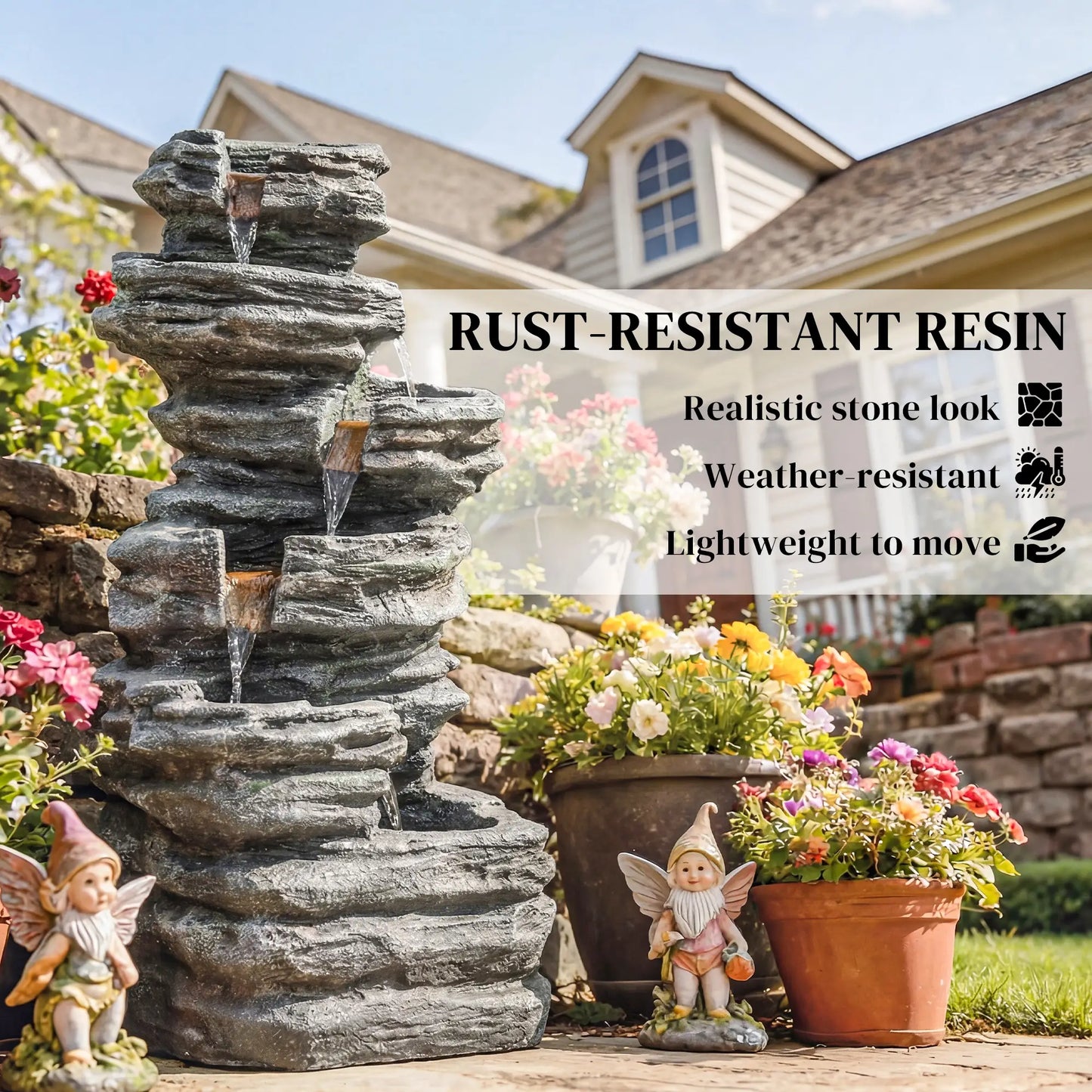 Outdoor 6-Tier Water Fountain, Waterfall With LED Lights, Resin Feature, Grey Water Fountains at Gallery Canada