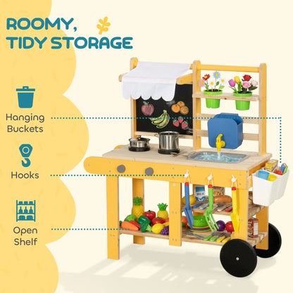 Kids Mud Kitchen With Wheels, Wooden Play Kitchen With Sink, Storage, Planting Pots, Blackboard, Yellow Play Kitchen at Gallery Canada