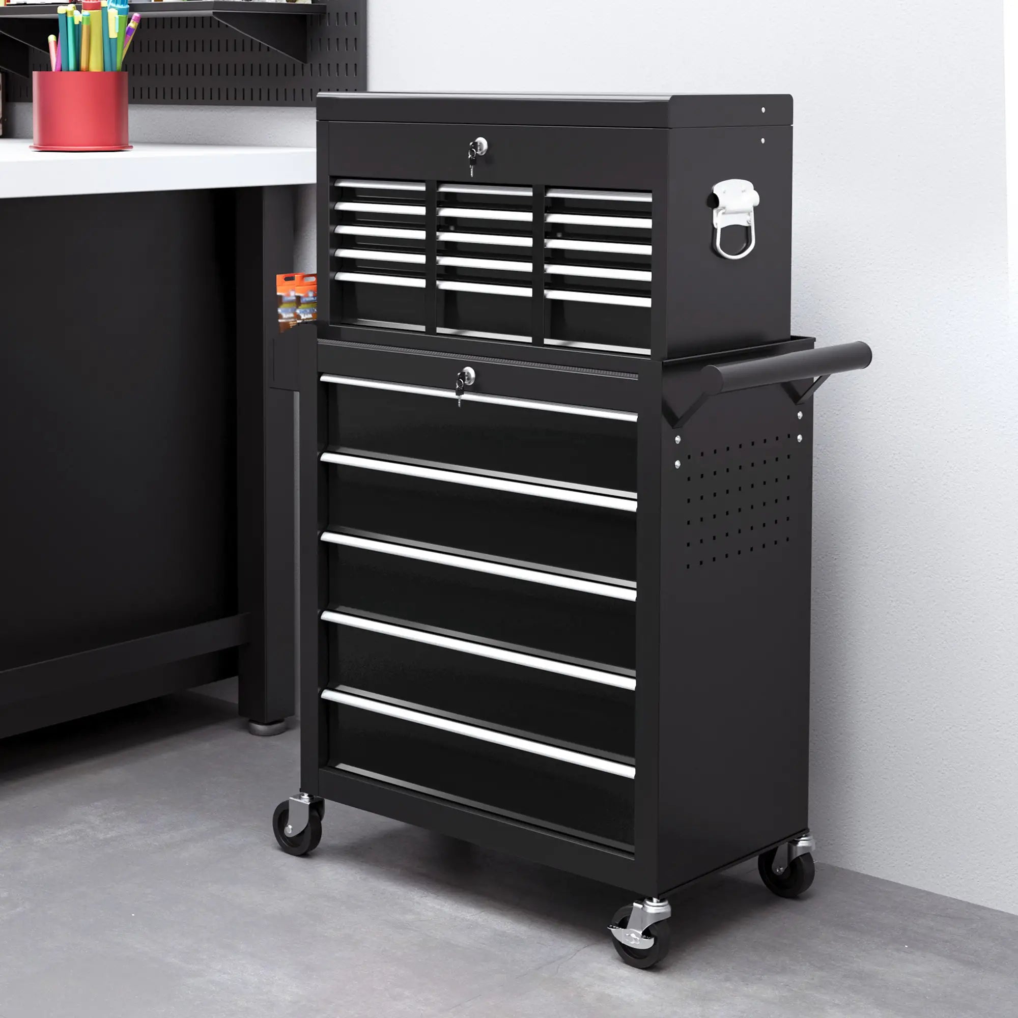 14 Drawer Rolling Tool Chest, Lockable Storage Cabinet, Detachable Toolbox, Black Tool Organizers at Gallery Canada