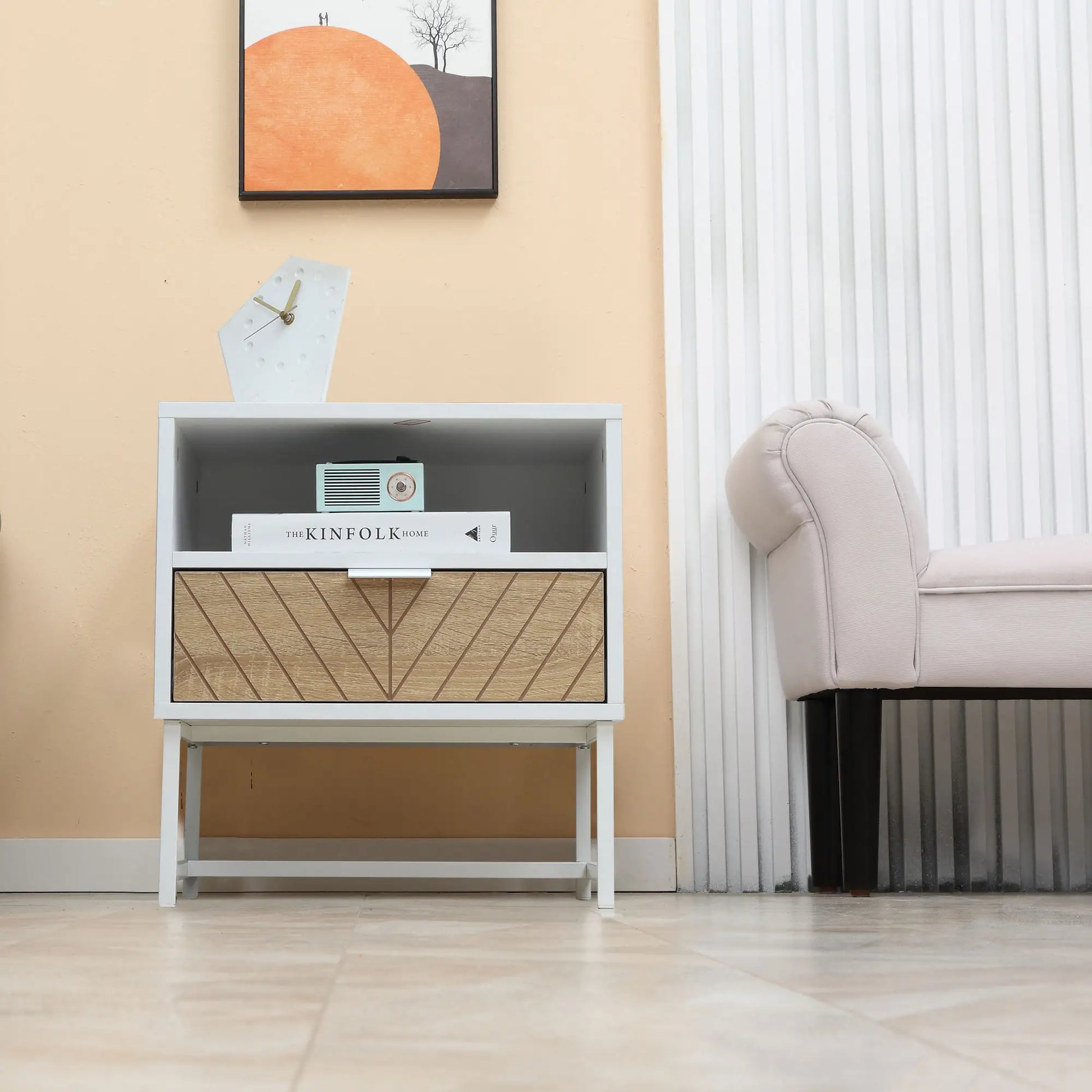 Modern Bedside Table with Drawer, Storage Shelf, Oak, White Bedside Tables at Gallery Canada