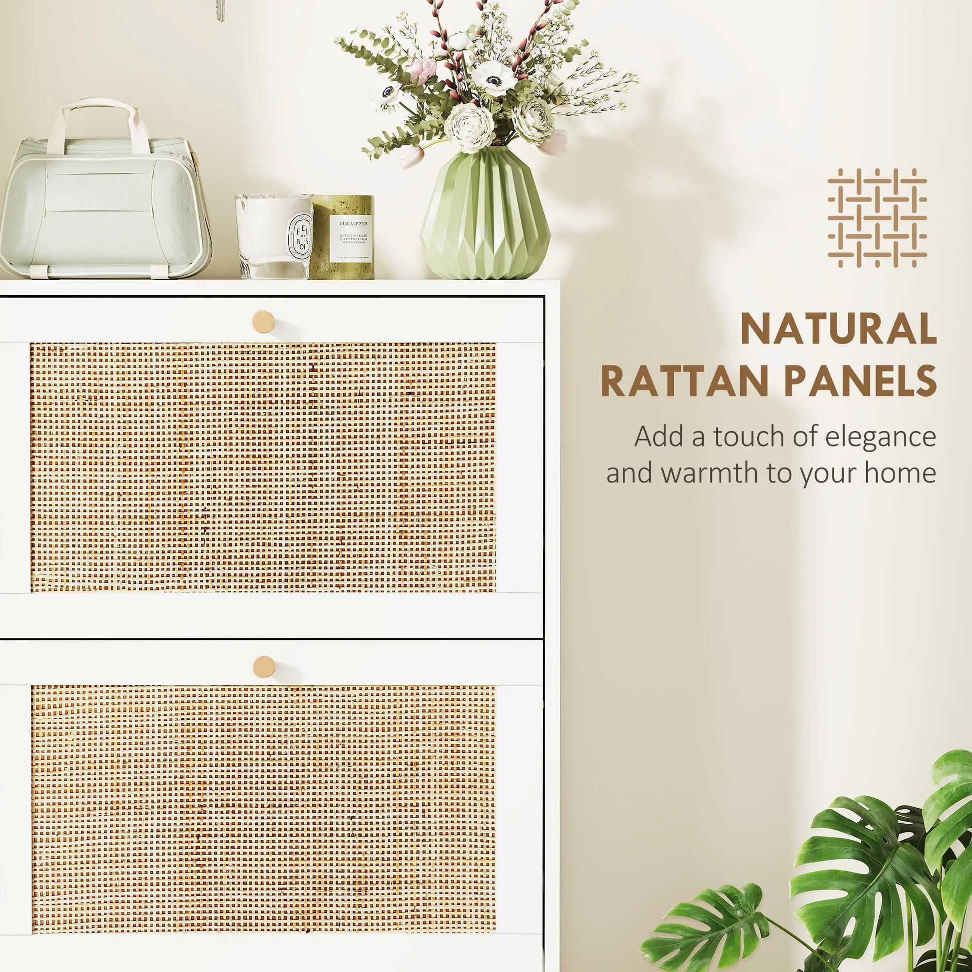 Rattan Shoe Storage Cabinet, 3 Flip Drawers, Adjustable Shelves, 18 Pairs, White Shoe Storage Cabinets & Racks at Gallery Canada
