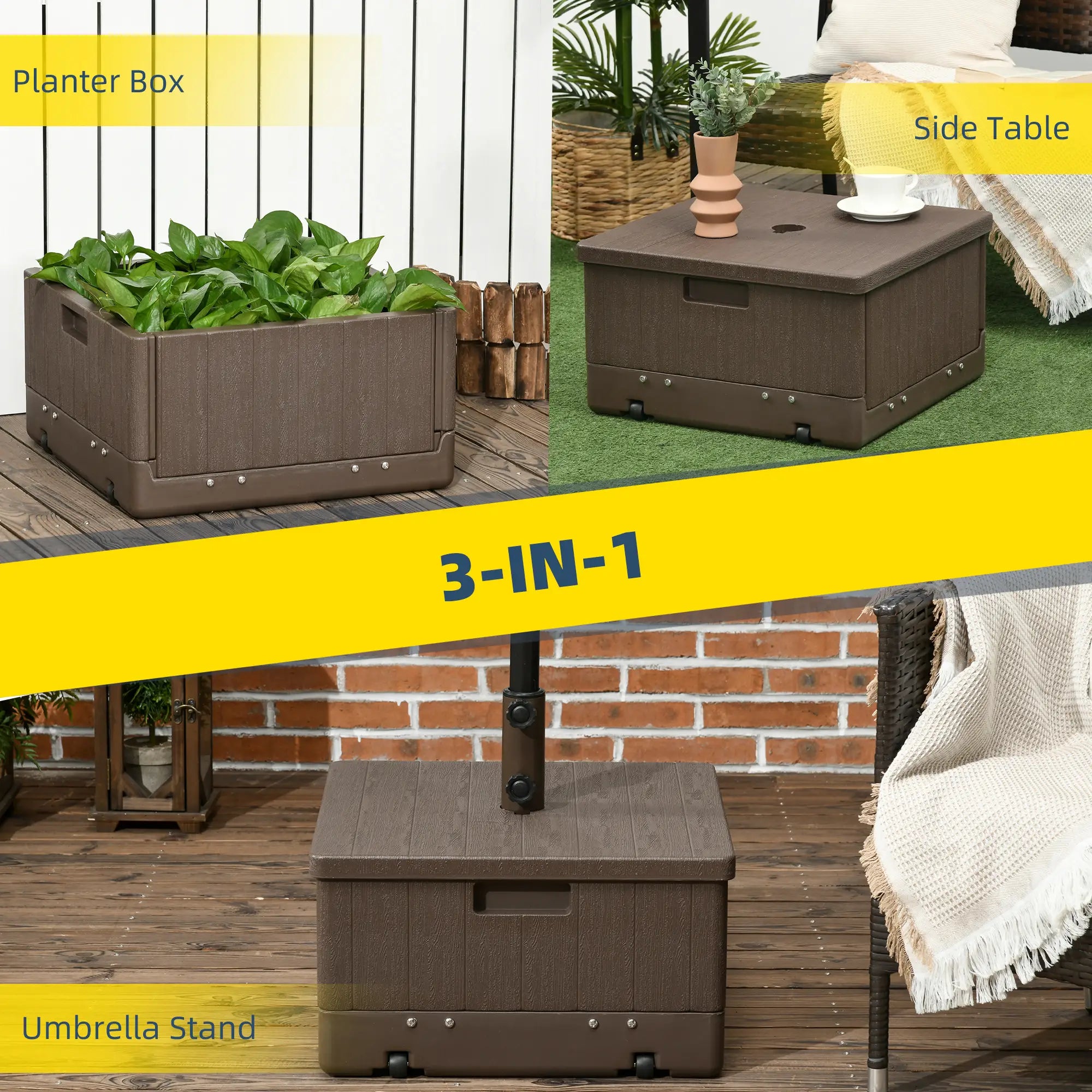 3-in-1 Outdoor Umbrella Base with Wheels, Side Table, Planter Box, 175lbs, Brown Umbrella Bases at Gallery Canada