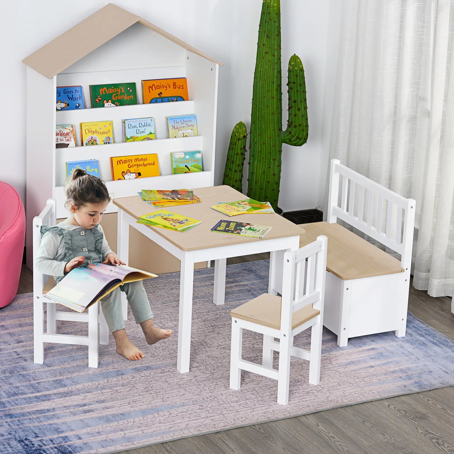 Kids Wood Table Chair Set, 4-Piece, Storage, Easy Clean, Natural, White Kids Table Sets at Gallery Canada
