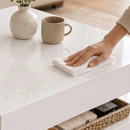 LED Coffee Table with Storage, 2-Tier Modern Center Table with Open Shelf and Remote for Living Room, High Gloss White Coffee Tables at Gallery Canada