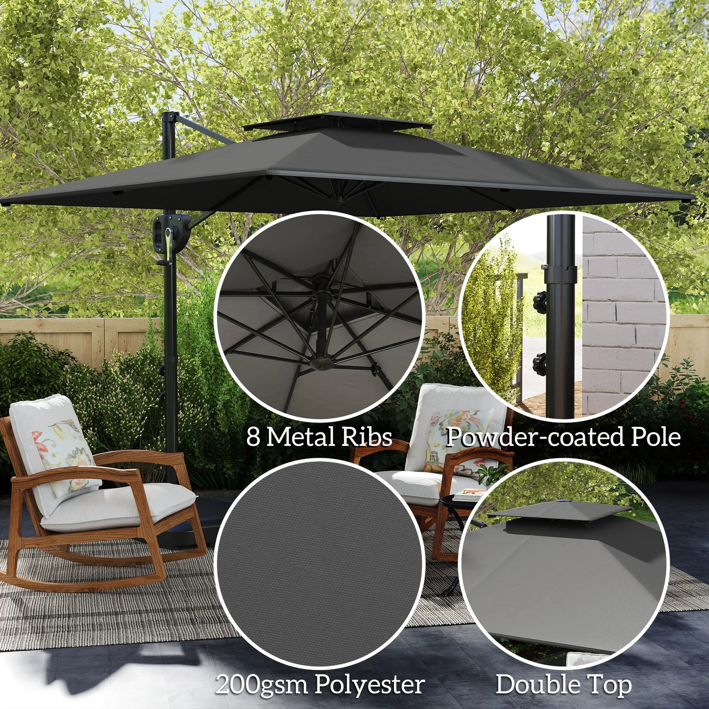Square Cantilever Patio Umbrella, Double Top Offset, 8' x 9', Dark Grey Offset Cantilever Umbrellas at Gallery Canada