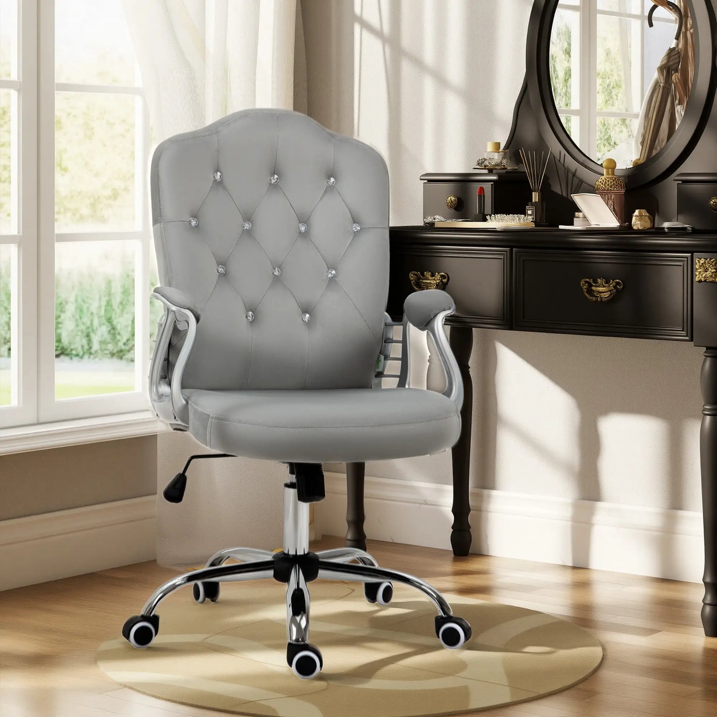 Velvet Office Chair, Button Tufted Desk Chair, Adjustable Height, Grey Executive & Manager Chairs at Gallery Canada