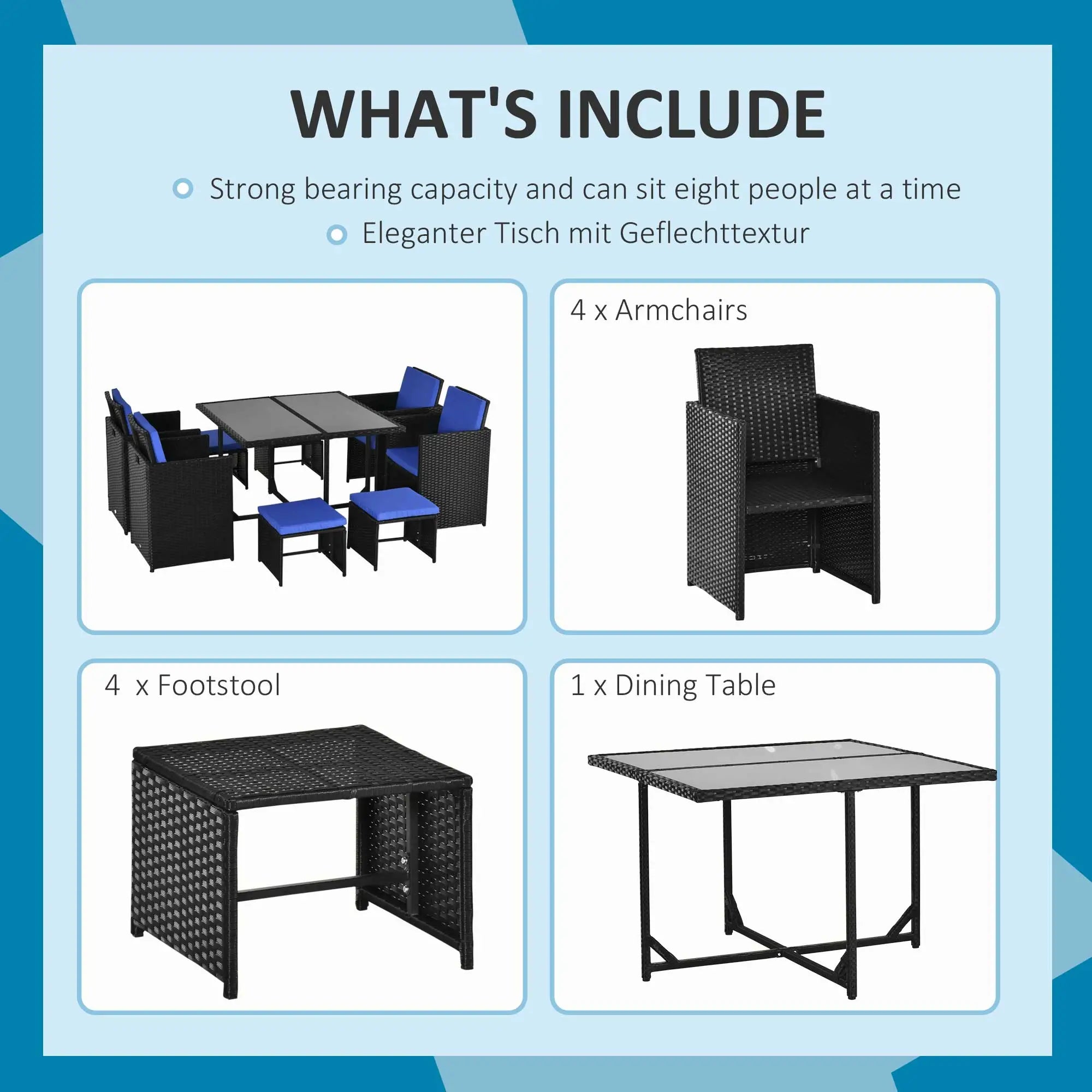 9-Piece Wicker Patio Dining Set, Glass Top Table, Ottomans, Blue Outdoor Dining Sets at Gallery Canada