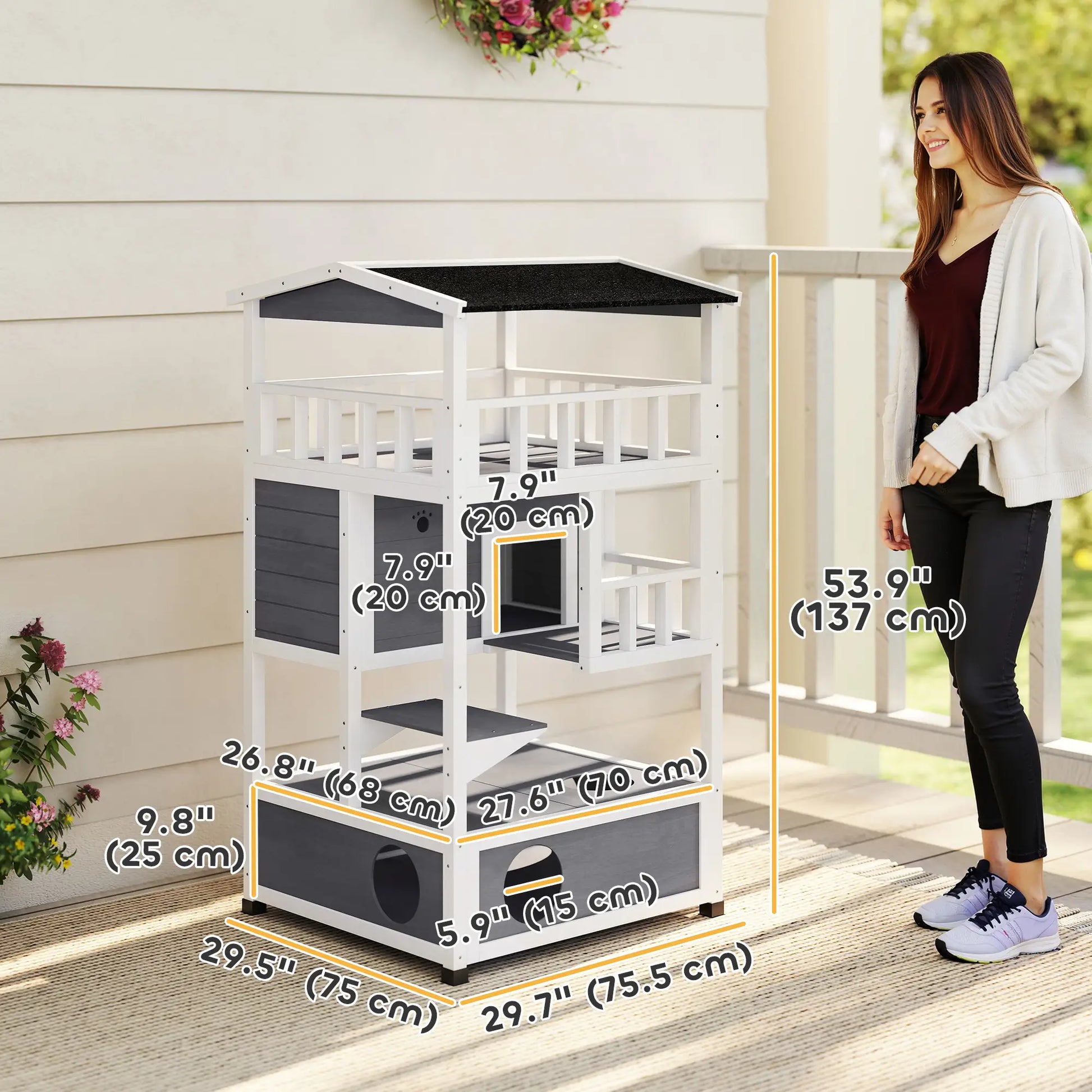 4-Floor Wood Outdoor Cat House, Condo, Fun Entrances, Perch, Grey Cat Houses at Gallery Canada