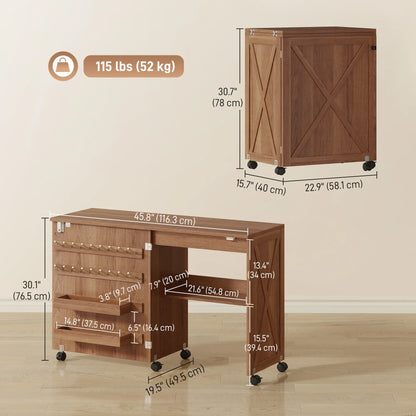 Sewing Machine Table on Wheels, Folding Craft Table with Storage, Brown Sewing Cabinets at Gallery Canada
