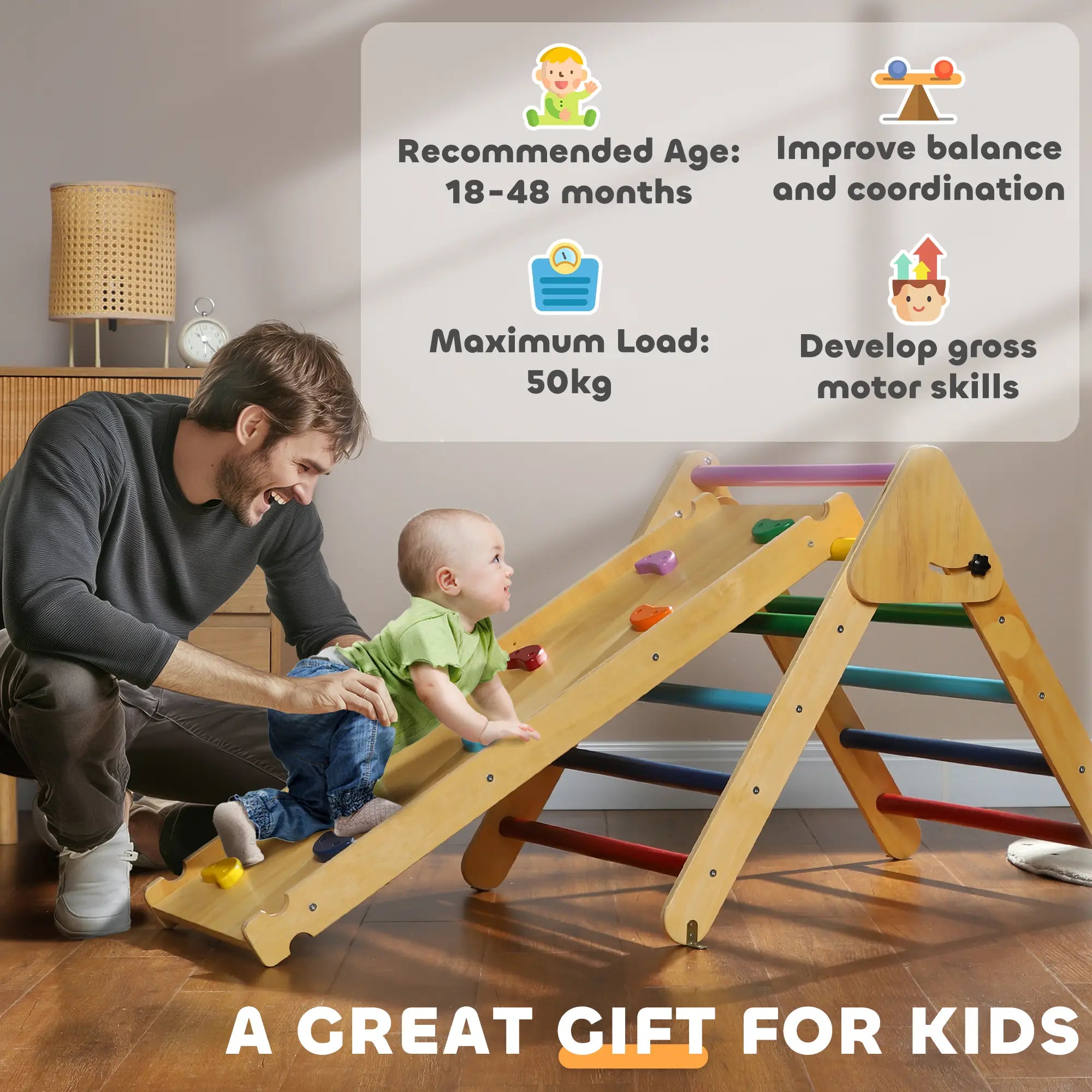 Pikler Triangle Set, 3 in 1 Climbing Toys with Ramp for Toddlers, Nature Wood Baby Gym & Playmats at Gallery Canada