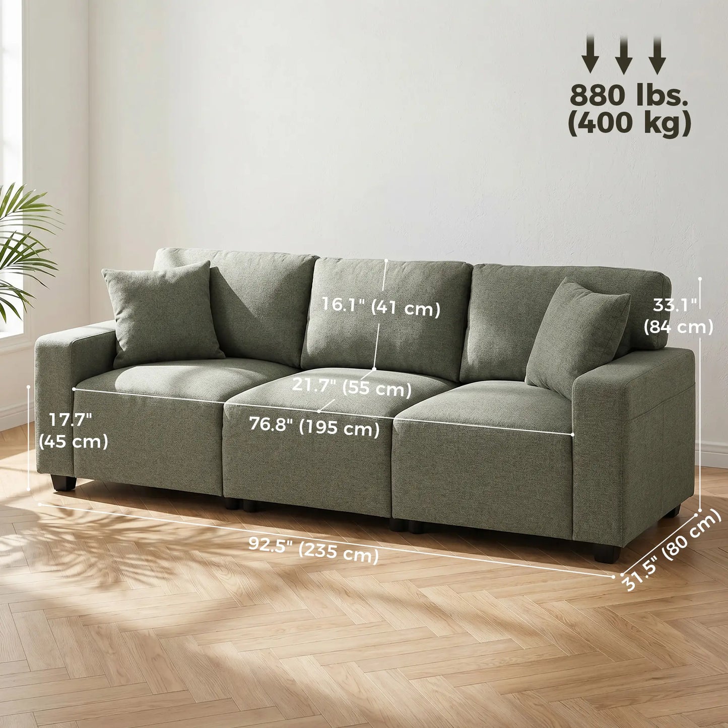 3 Seater Sofa With Storage Pockets, Modern Upholstered Couch, Green